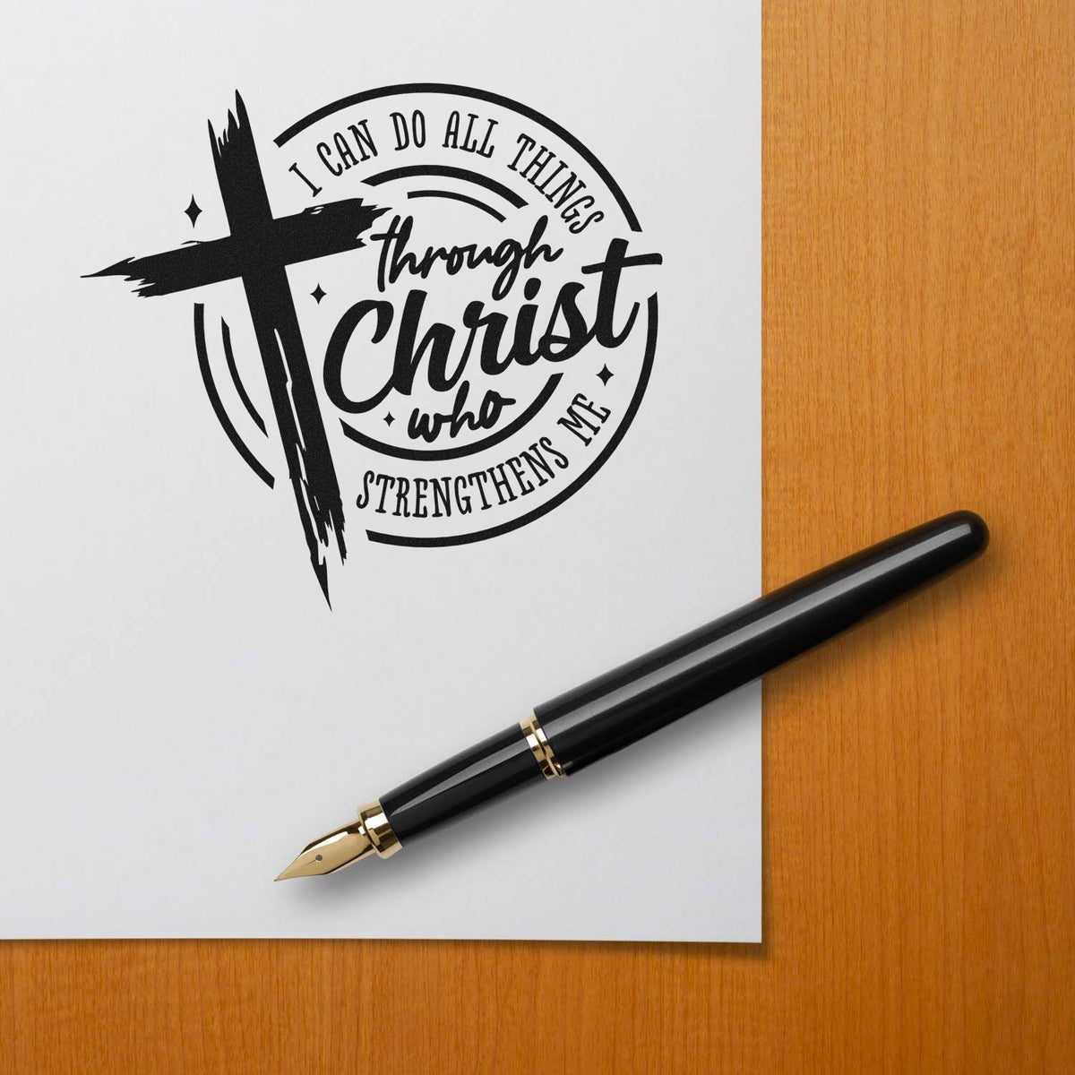 Christian rubber stamp design with cross and Bible verse, I can do all things through Christ who strengthens me, for faith journaling.