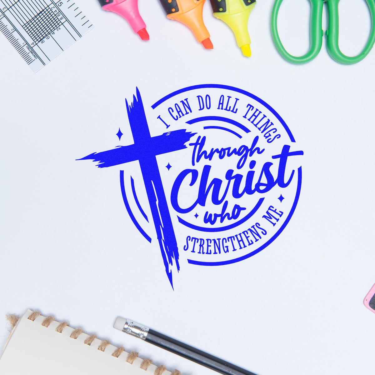 Christian rubber stamp design with Bible verse I can do all things through Christ who strengthens me and bold cross graphic.