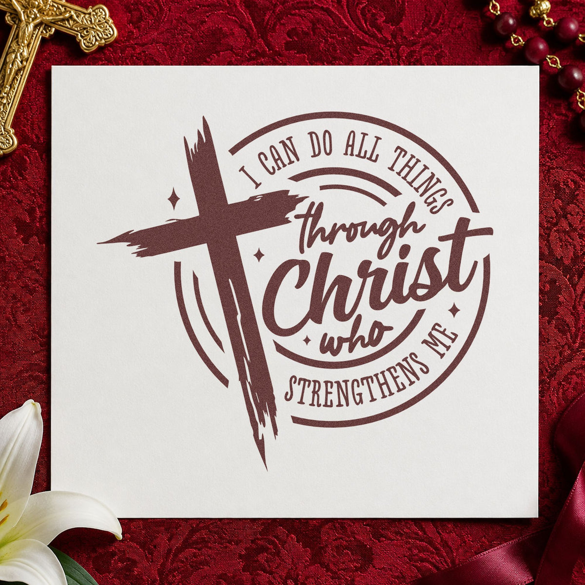 Self-Inking All Things Through Christ Badge Stamp in use 4