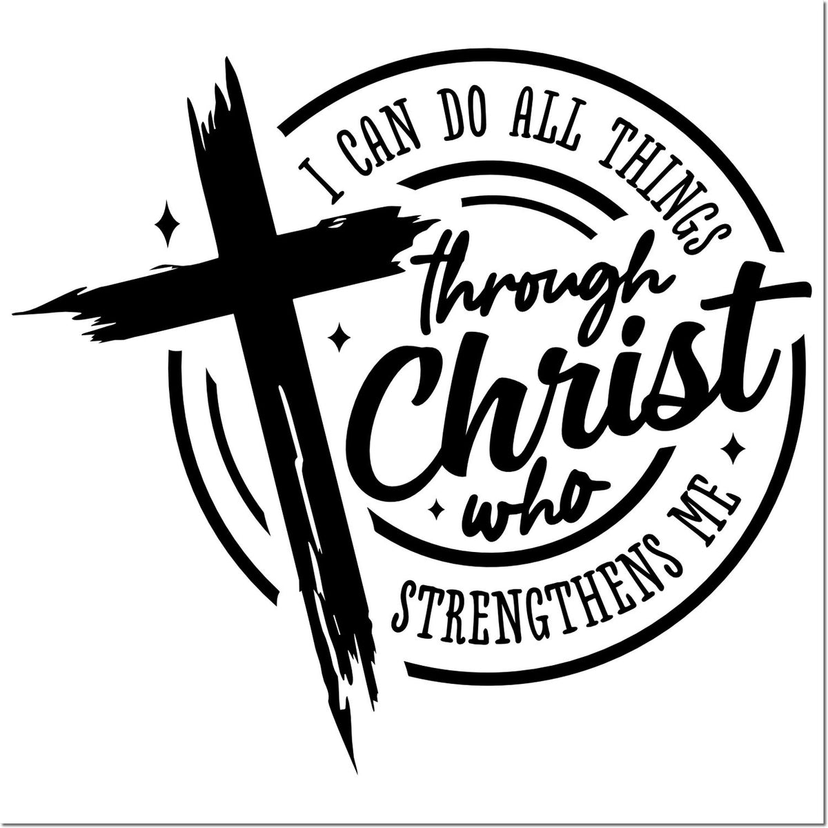 Christian rubber stamp design with cross and Bible verse: I can do all things through Christ who strengthens me.
