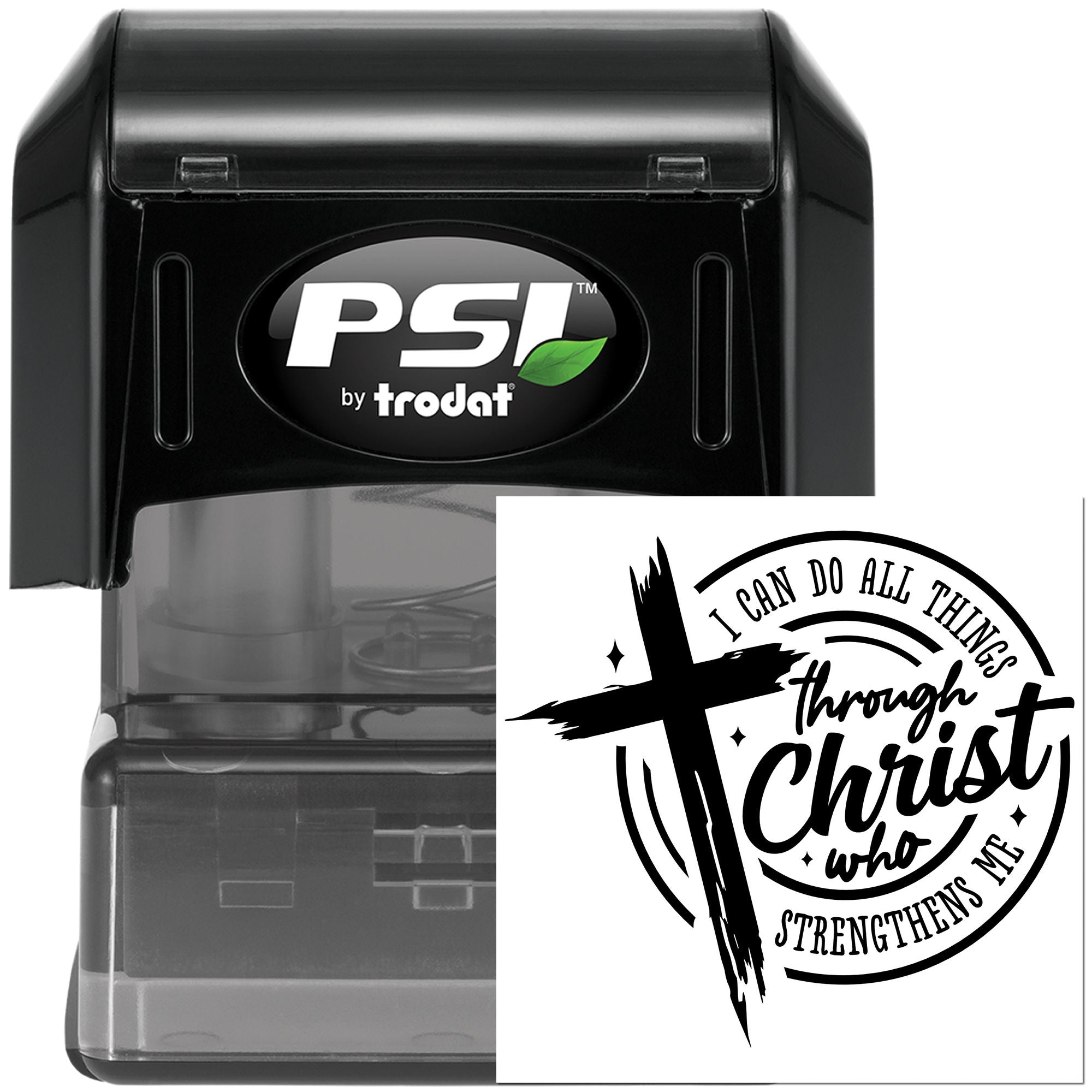 Custom self-inking rubber stamp featuring the Bible verse, I can do all things through Christ who strengthens me.