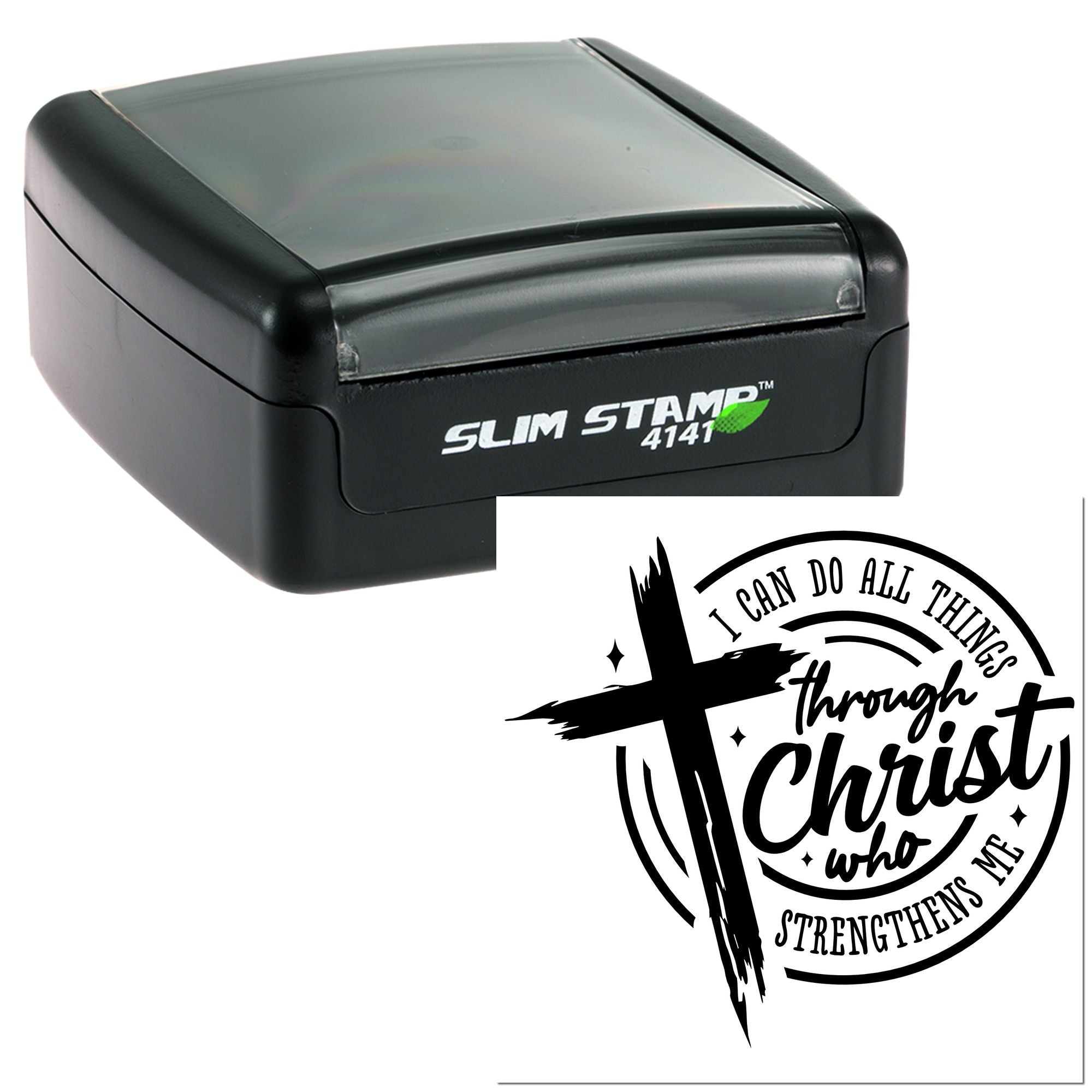 Christian Bible verse rubber stamp with cross design, featuring a Slim Stamp 4141 self-inking stamp for faith-based crafting.