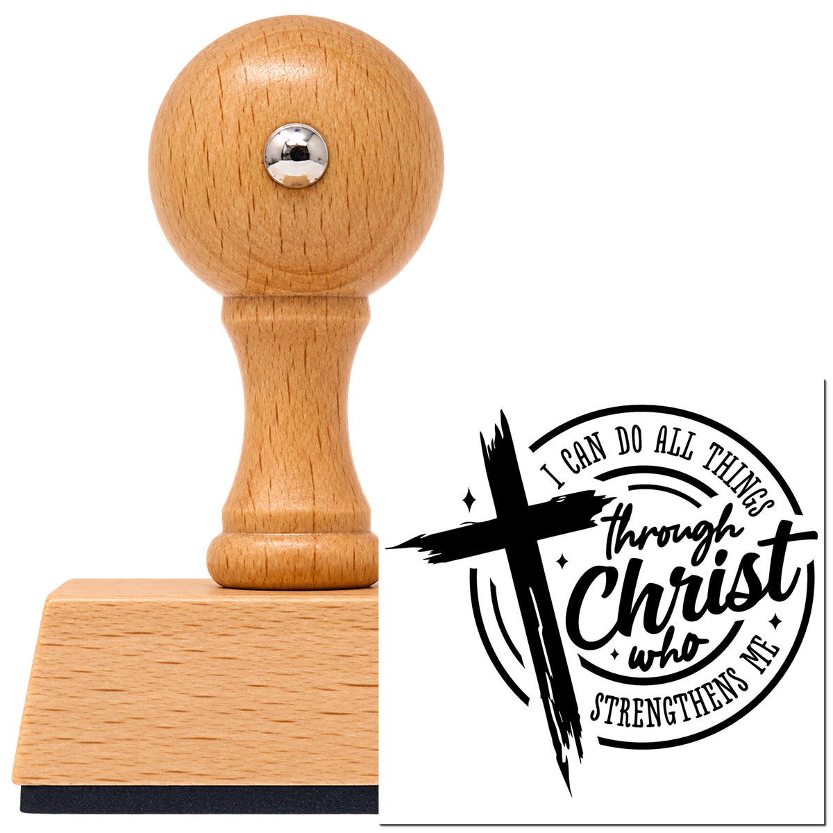 All Things Through Christ Badge Vintage Pro rubber stamp in European beech wood with a round knob handle, shown beside its black imprint.