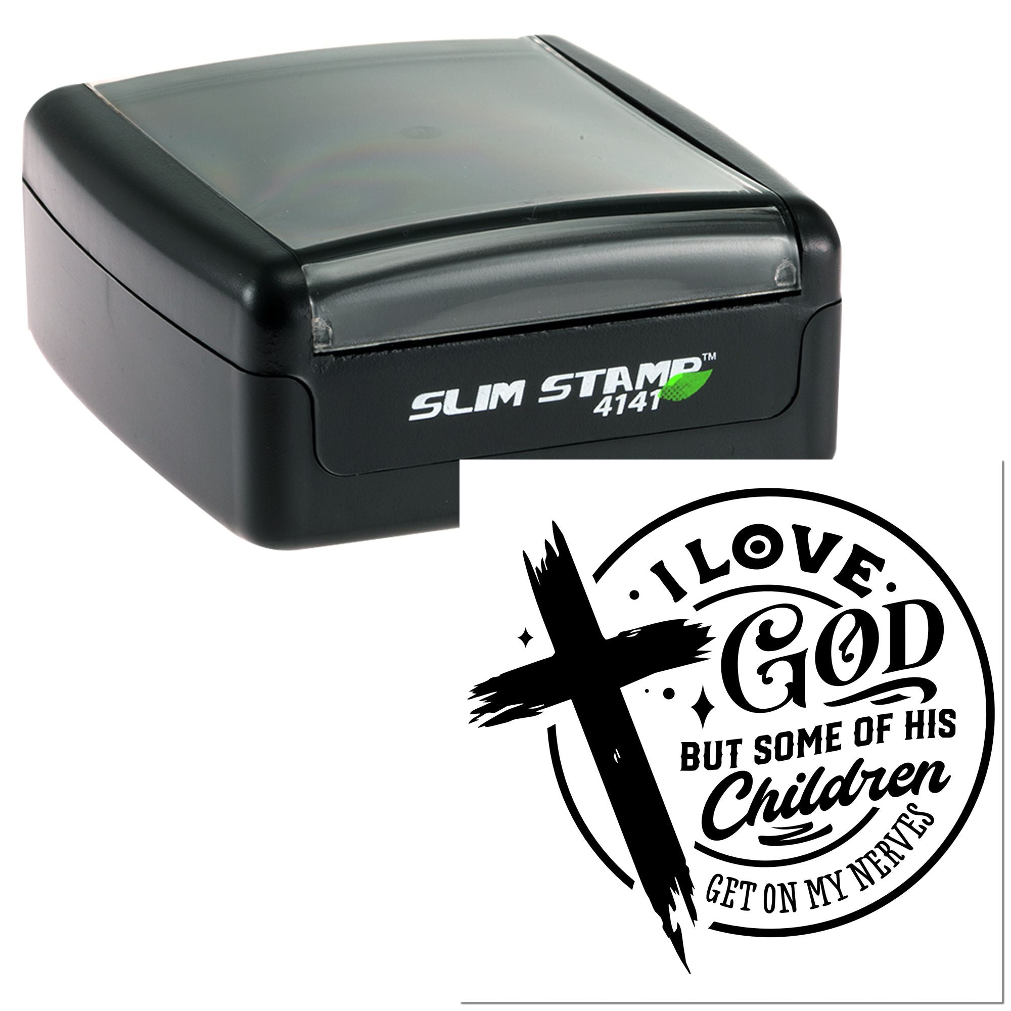 Slim Stamp 4141 self-inking rubber stamp with custom I Love God religious quote and cross design.