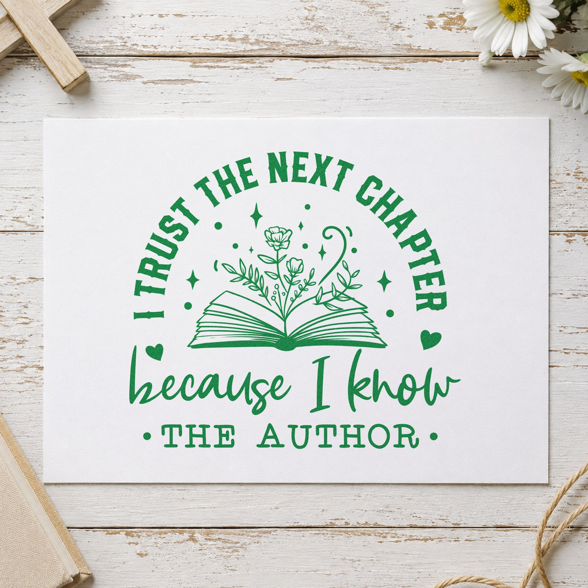 Trust The Author Open Book Floral Accents Hand Stamp – Duo in use 3