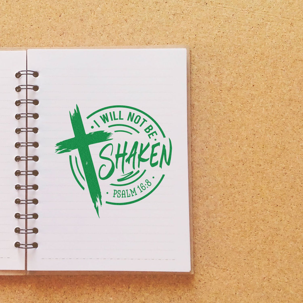 Christian Bible verse rubber stamp with cross and Psalm 16:8 quote, I will not be shaken, for faith journaling.