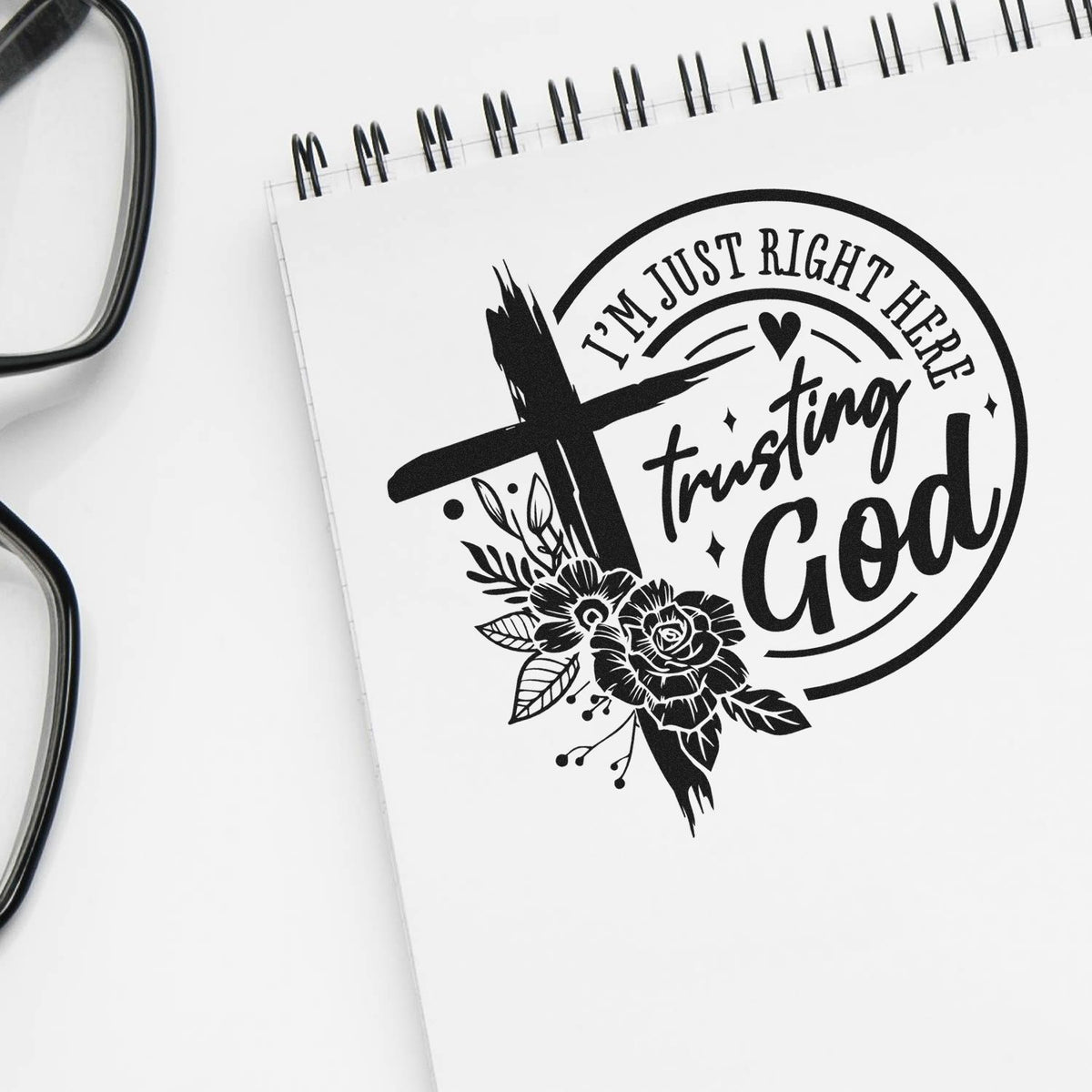 Christian rubber stamp design with cross, flowers and quote Im just right here trusting God for faith journaling and crafts.