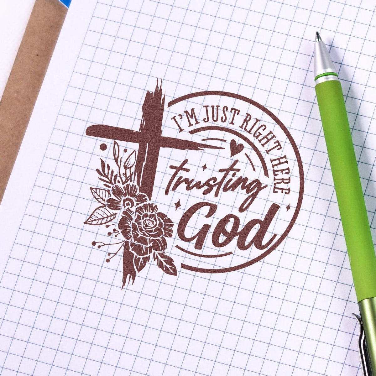 Christian rubber stamp with Im just right here trusting God floral cross design for faith journals and planners.