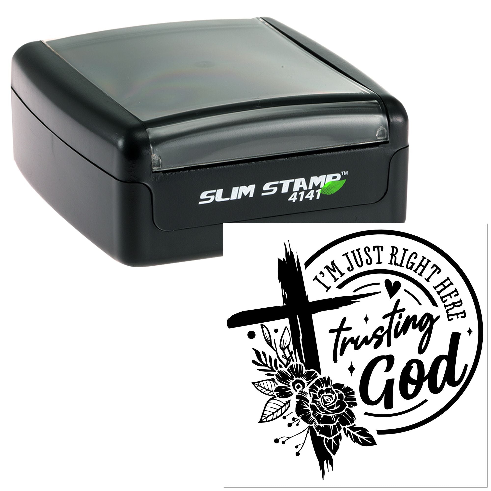 Custom self-inking rubber stamp with Im just right here trusting God floral cross design for faith-based crafts.