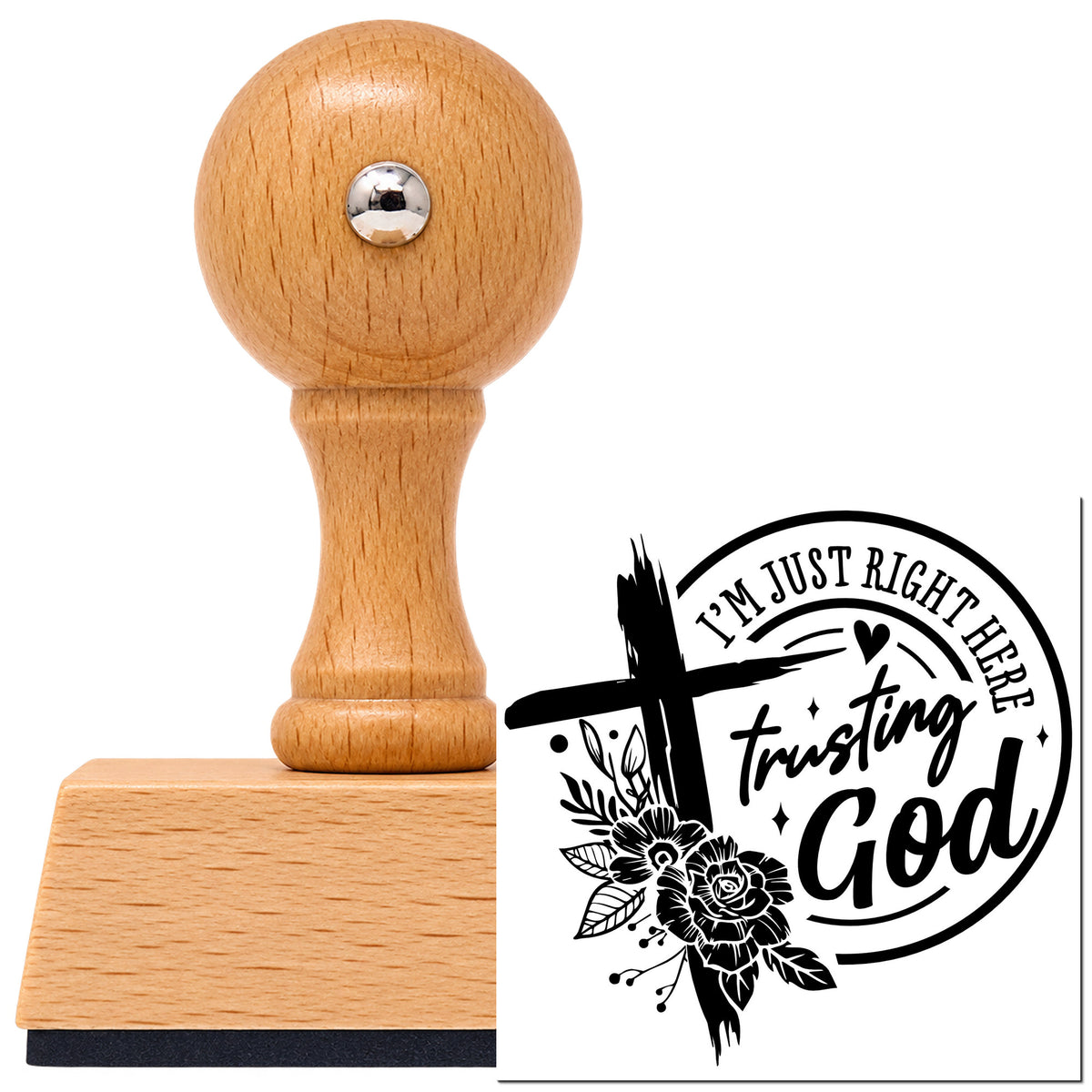 Trusting God Solid Roses Brushstroke Cross Vintage Pro rubber stamp in European beech wood with a round knob handle, shown beside its black imprint.