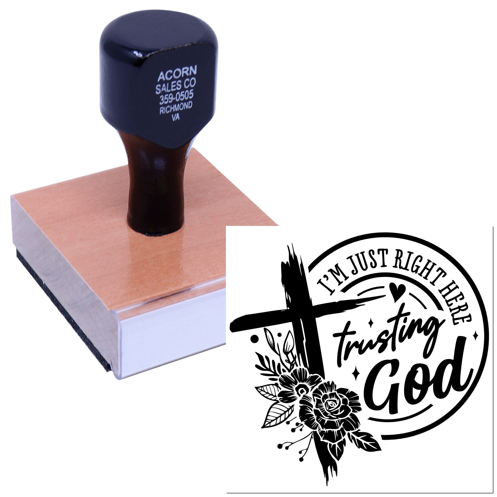 Custom rubber stamp with Im Just Right Here Trusting God floral faith design for cards, crafts, and packaging