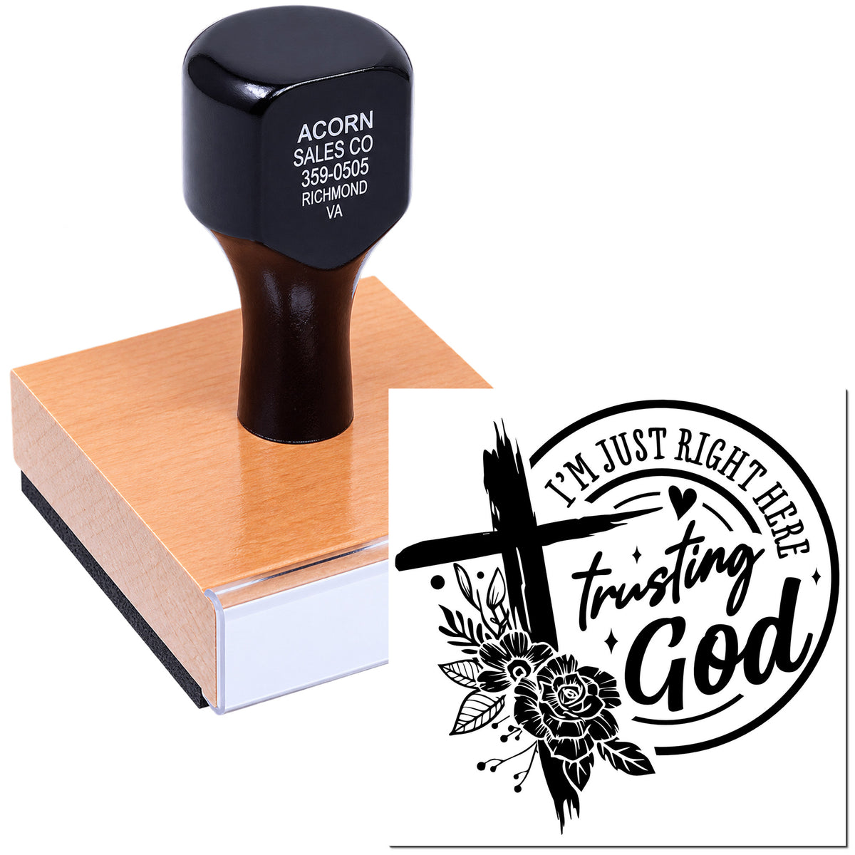 Custom rubber stamp with Im Just Right Here Trusting God floral faith design for cards, crafts, and packaging