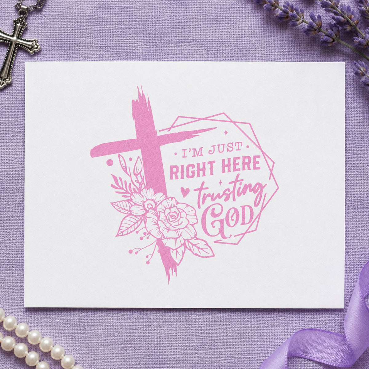 Trusting God Geometric Flowers Rubber Stamp – Duo Hand in use 10