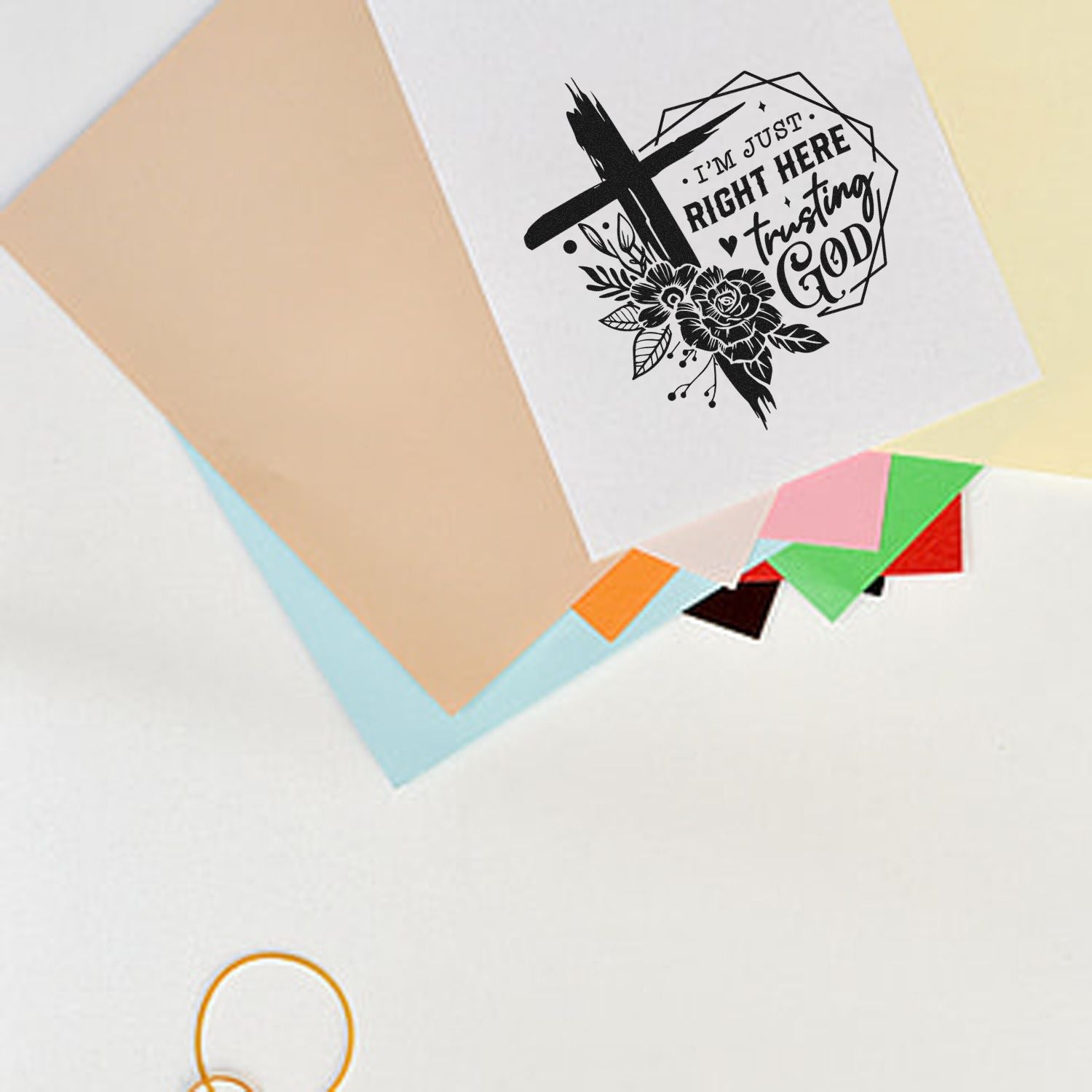 Christian rubber stamp design with cross, flowers, and quote Im just right here trusting God on envelopes.