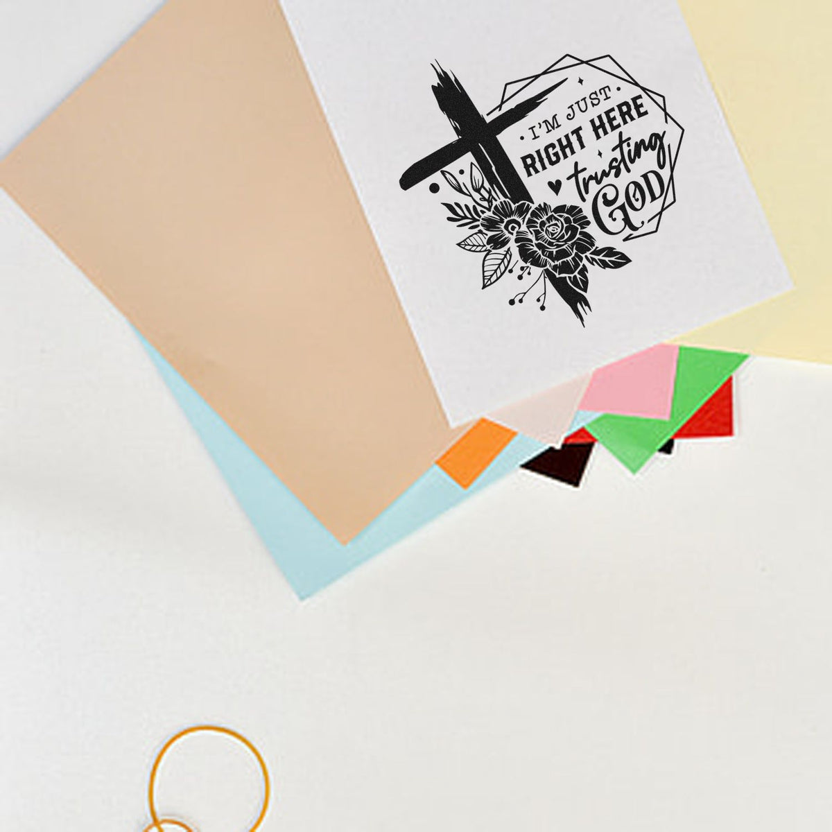 Christian rubber stamp design with cross, flowers, and Im just right here trusting God faith message for inspirational crafts.