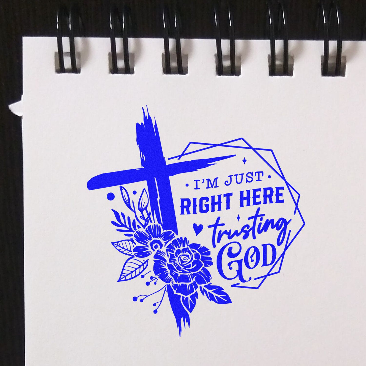 Christian rubber stamp design with floral cross and Im just here trusting God inspirational faith quote.