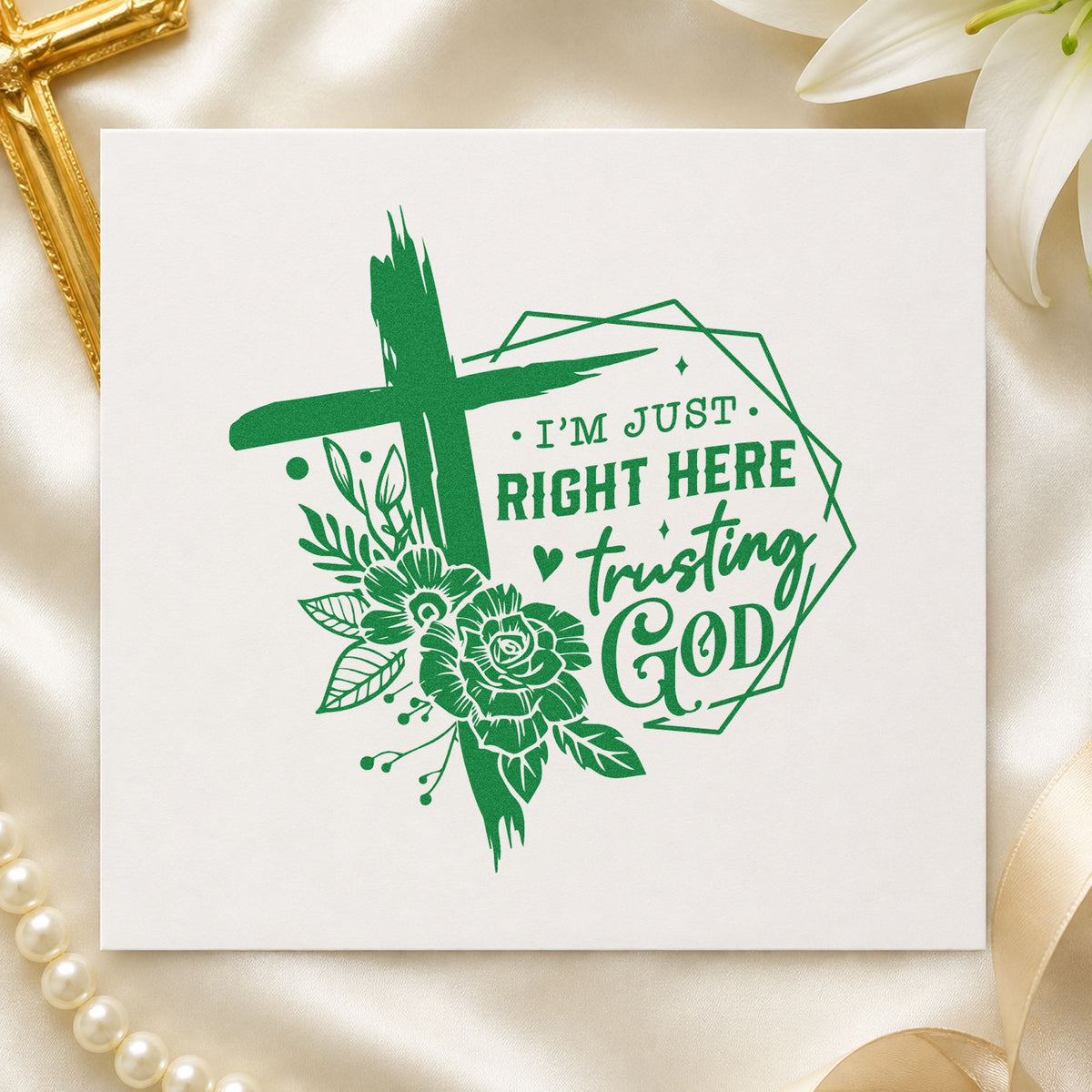 Trusting God Geometric Roses Brushstroke Cross PSI Pre-Inked Stamp in use 3