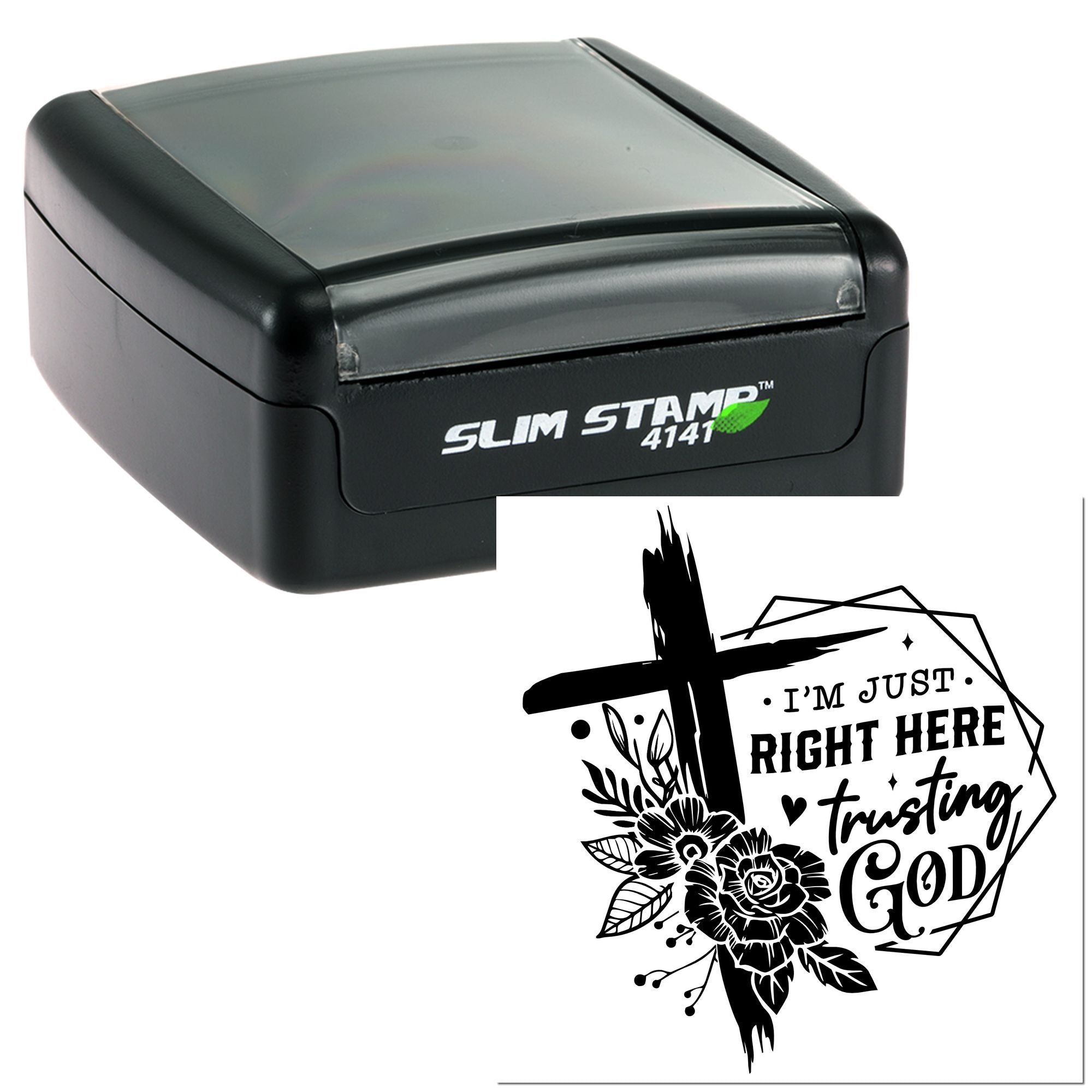 Slim Stamp 4141 rubber stamp with floral cross and Im just right here trusting God design for Christian crafts.