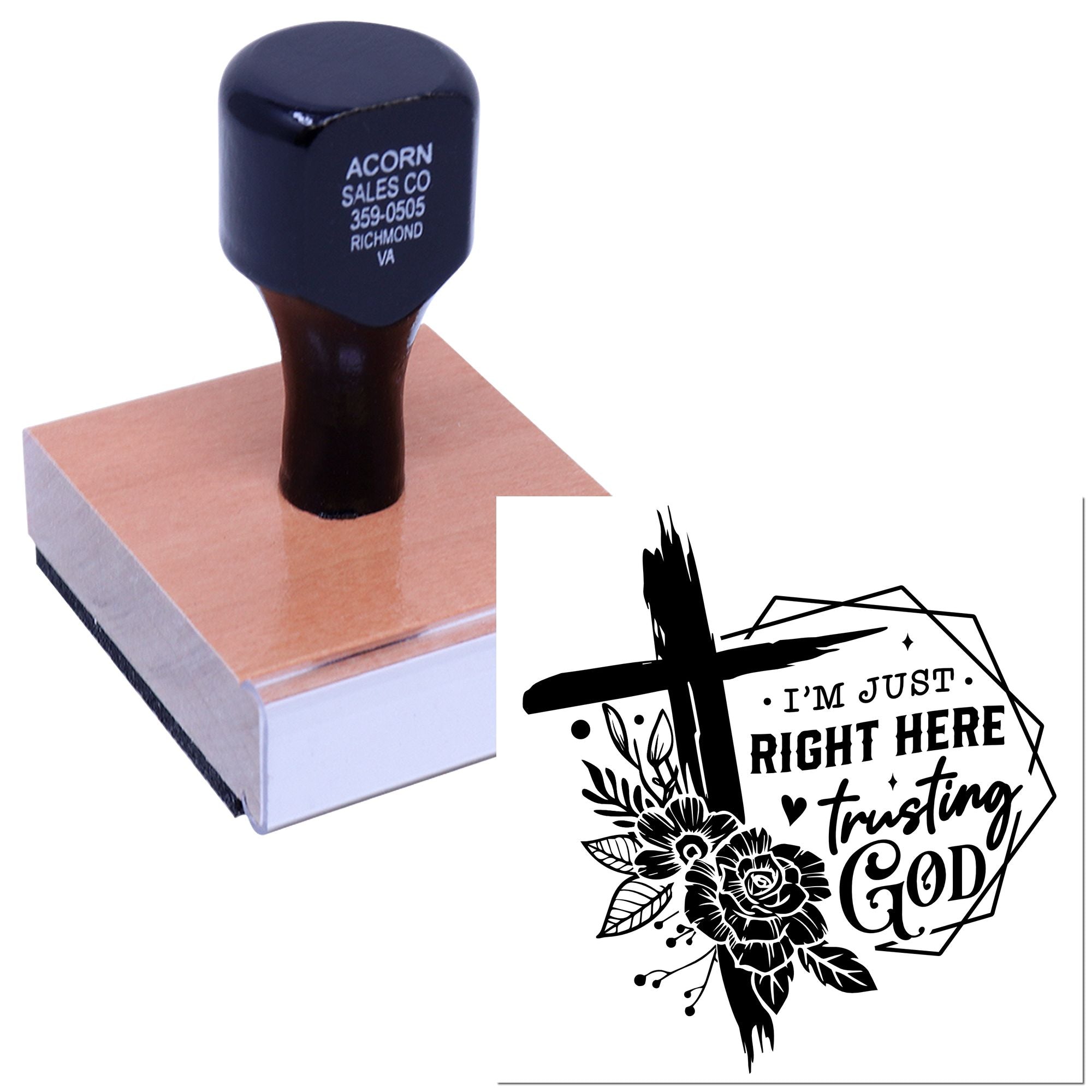 Custom Christian rubber stamp with floral cross design and Im just right here trusting God quote for faith crafts.