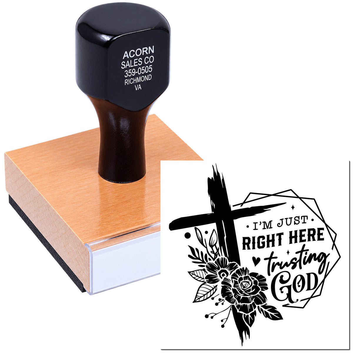 Custom Christian rubber stamp with floral cross design and Im just right here trusting God quote for faith crafts.