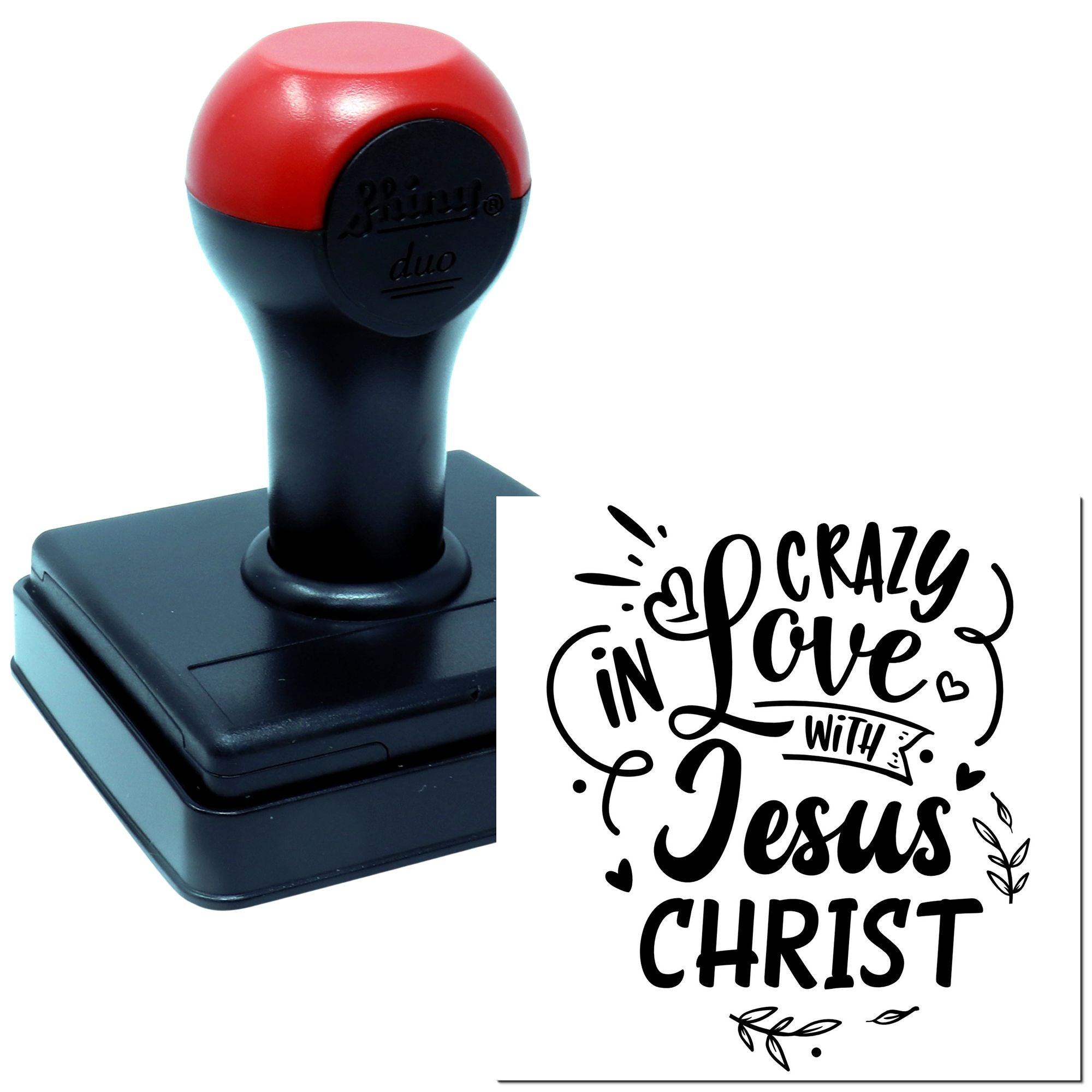 Self-inking rubber stamp with Crazy in Love with Jesus Christ Christian faith design for personalized stamping