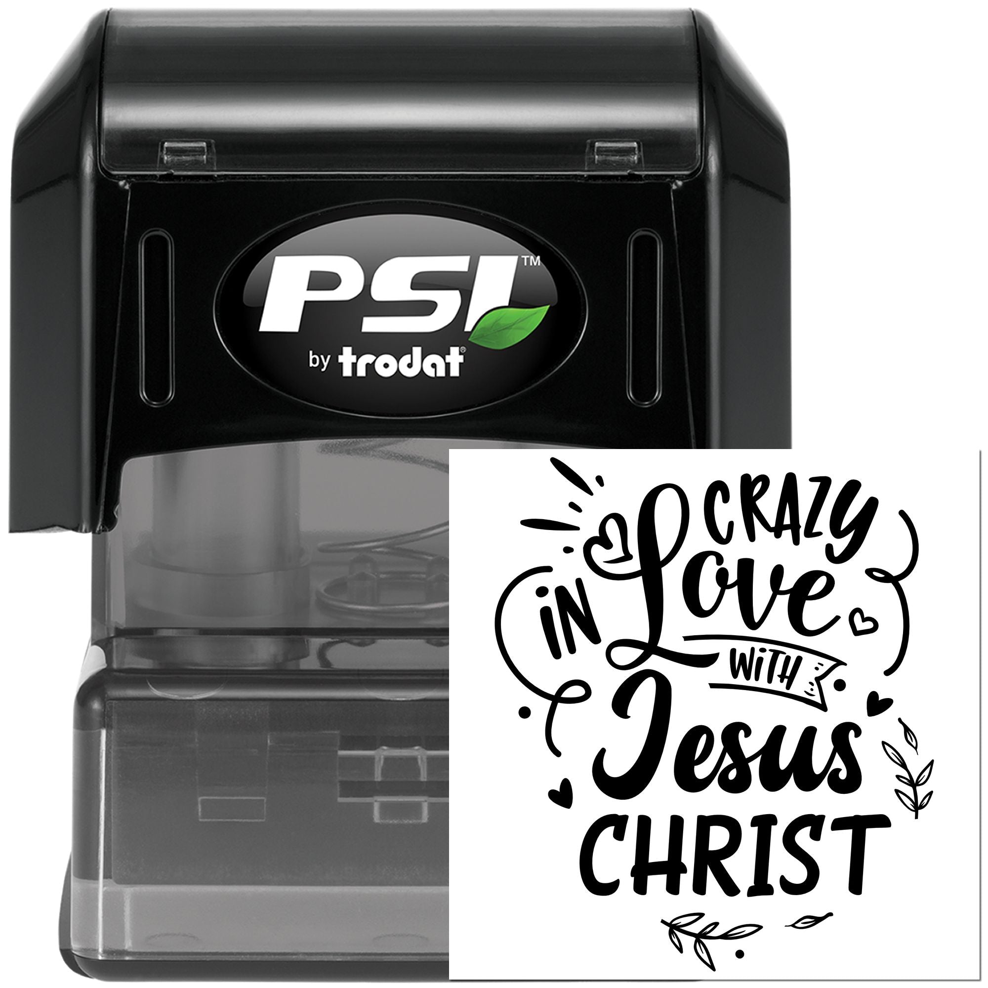 Christian self-inking rubber stamp by PSI Trodat with Crazy in Love with Jesus Christ design sample.