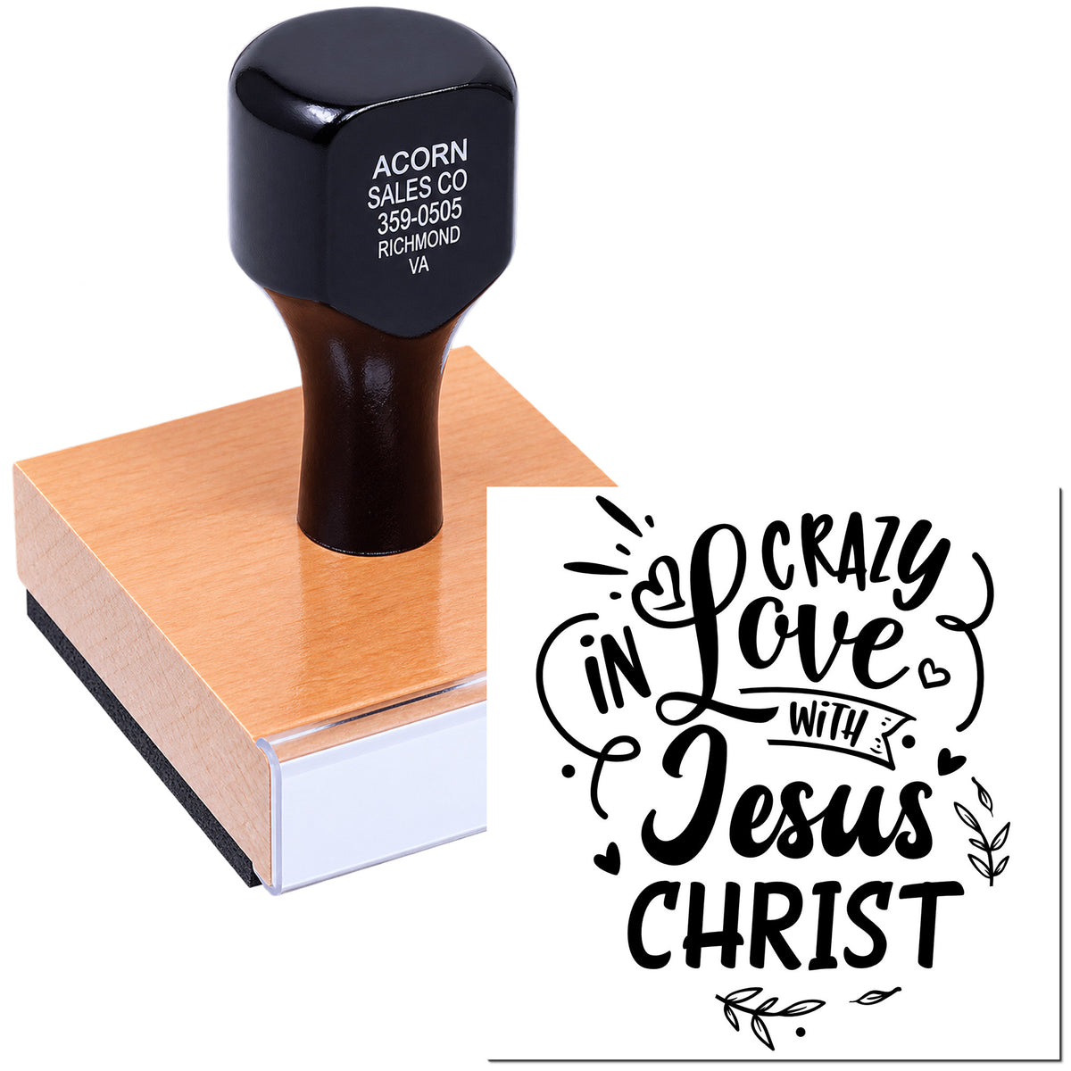 Custom rubber stamp with Crazy in Love with Jesus Christ design for Christian crafts, Bible journaling, and gift-making.