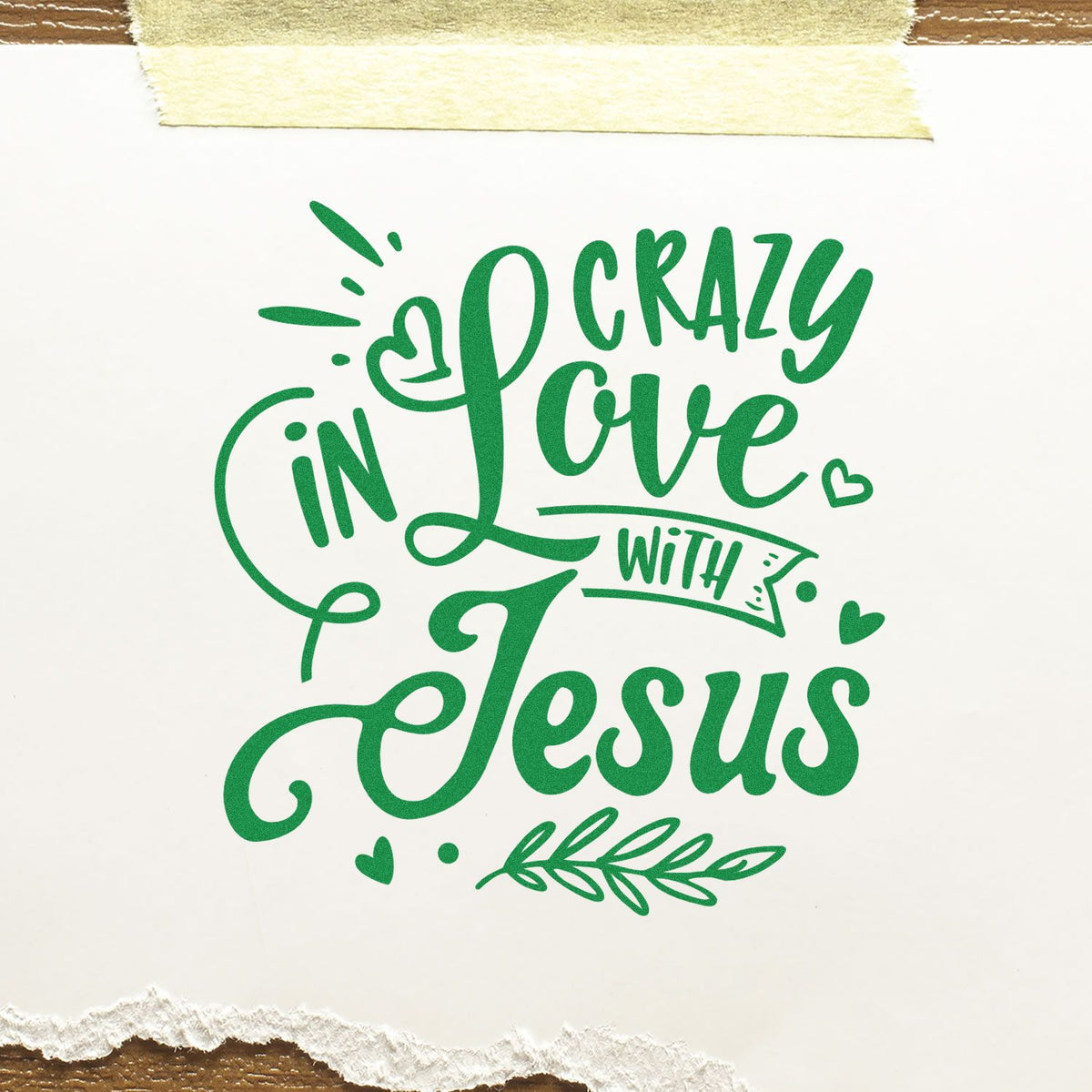 Green Crazy in Love with Jesus rubber stamp design for faith-based cards, scrapbooking, and Christian crafts.