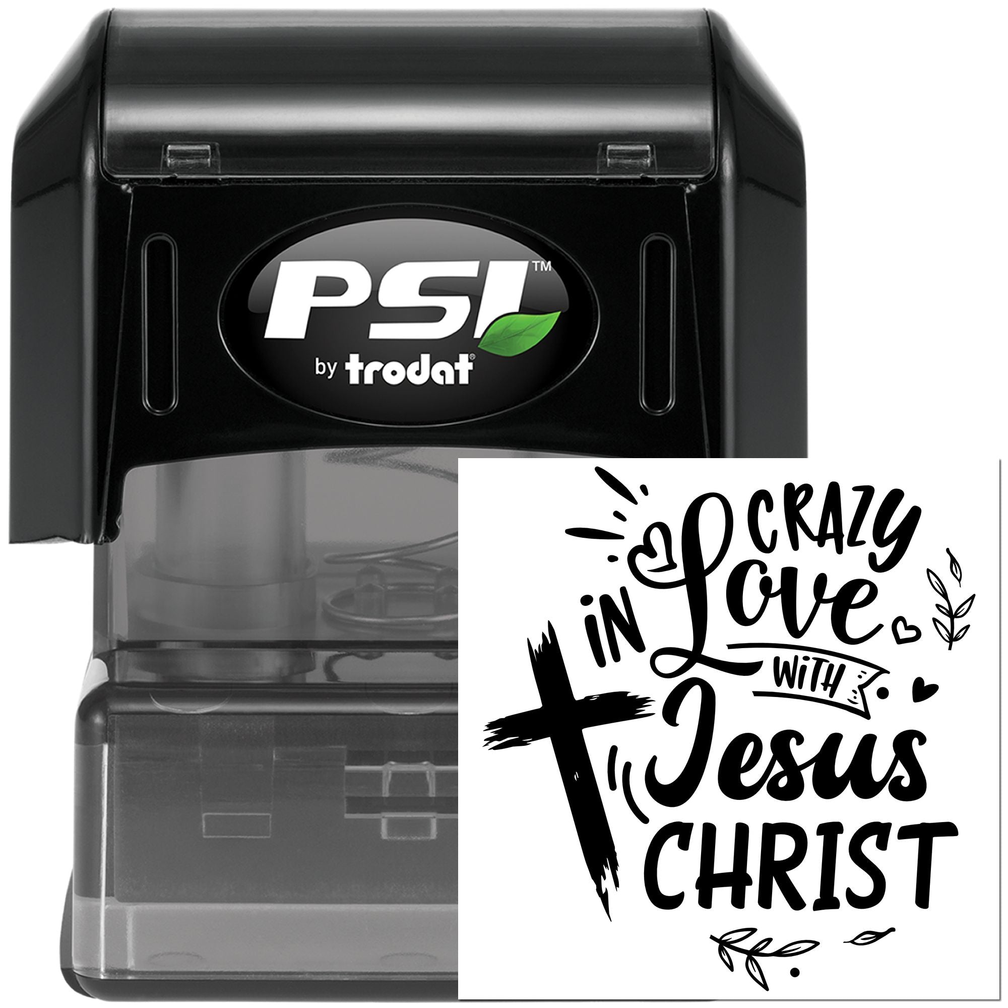 Black PSI by Trodat self-inking rubber stamp with Crazy in Love with Jesus Christ Christian design for faith-based crafting