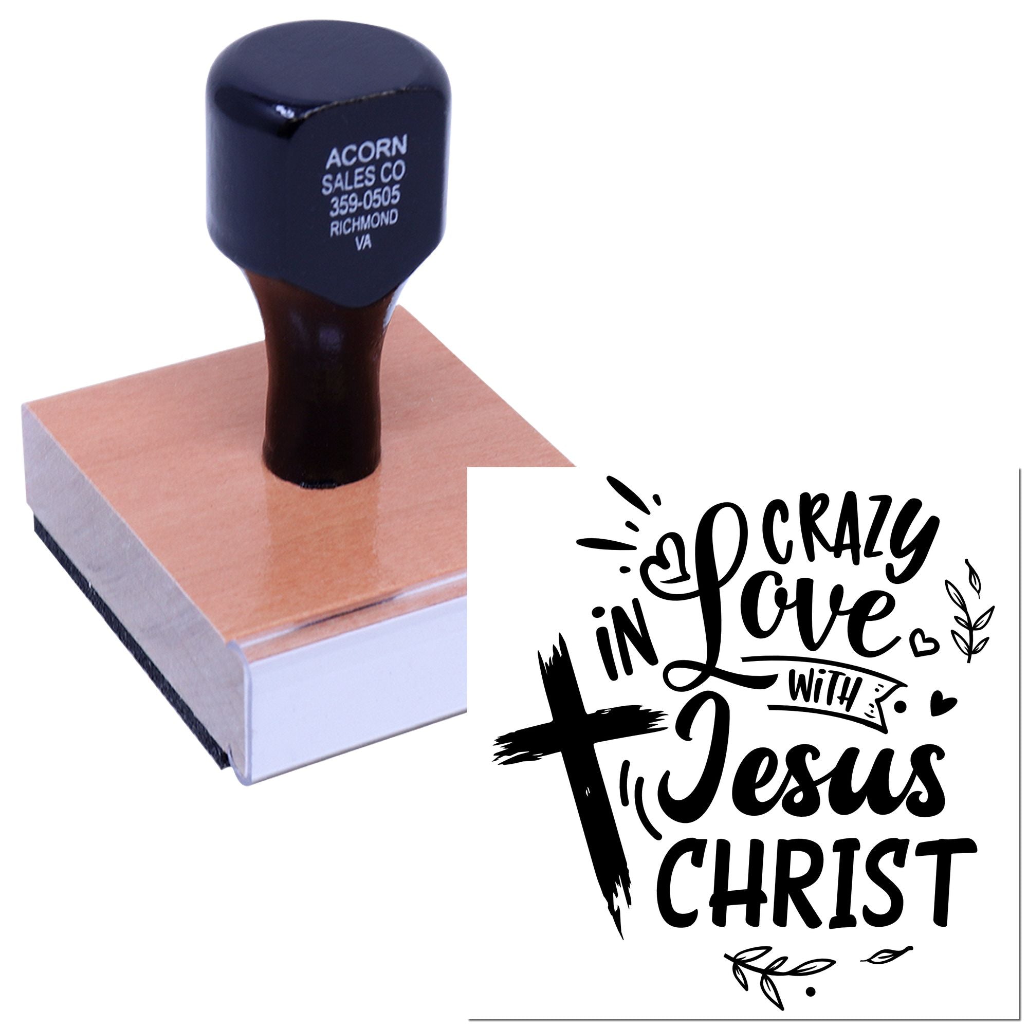 Custom Christian rubber stamp with Crazy in Love with Jesus Christ design for faith-based crafts and scrapbooking.