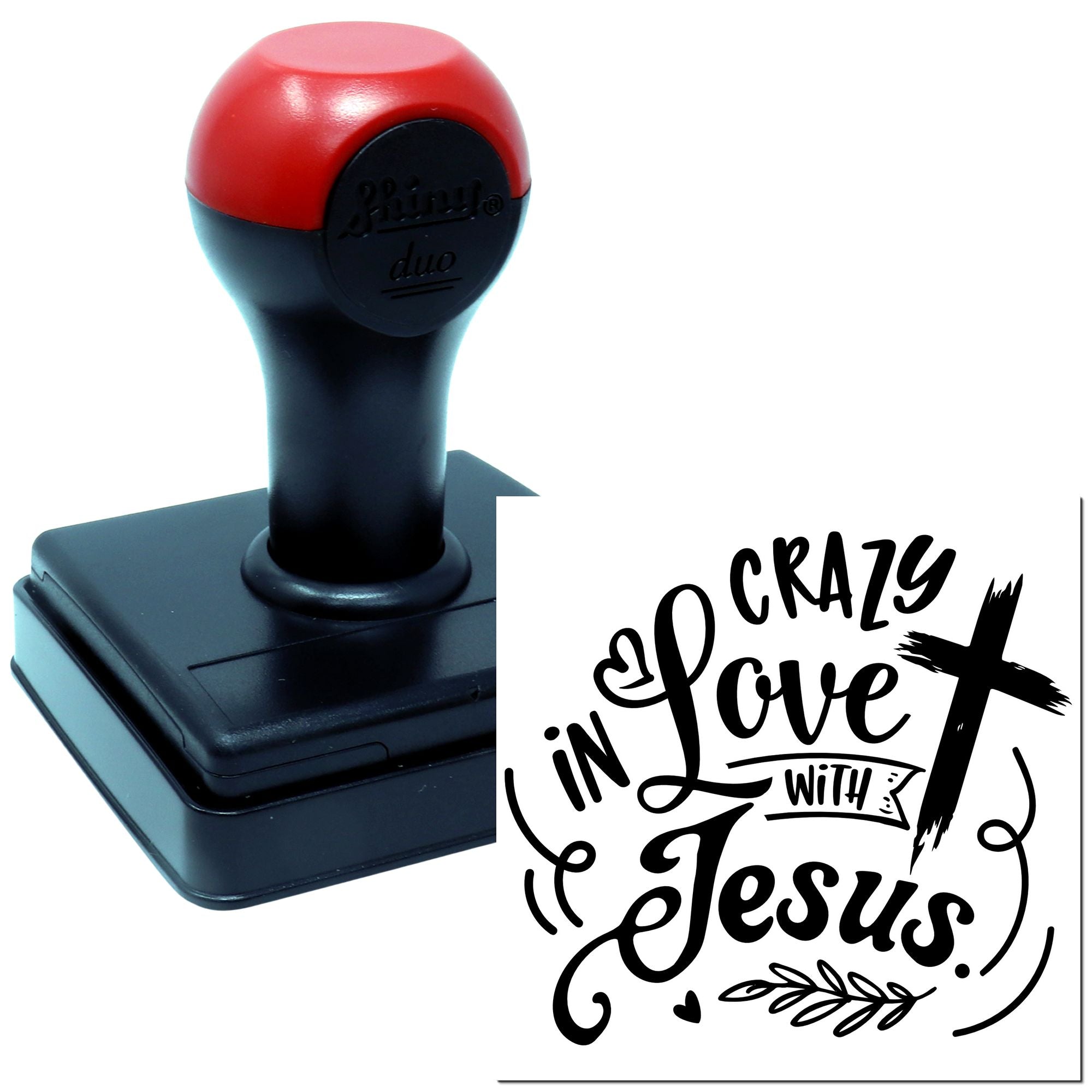 Custom self-inking rubber stamp with Crazy in Love with Jesus design, perfect for faith-based crafts and paper projects.