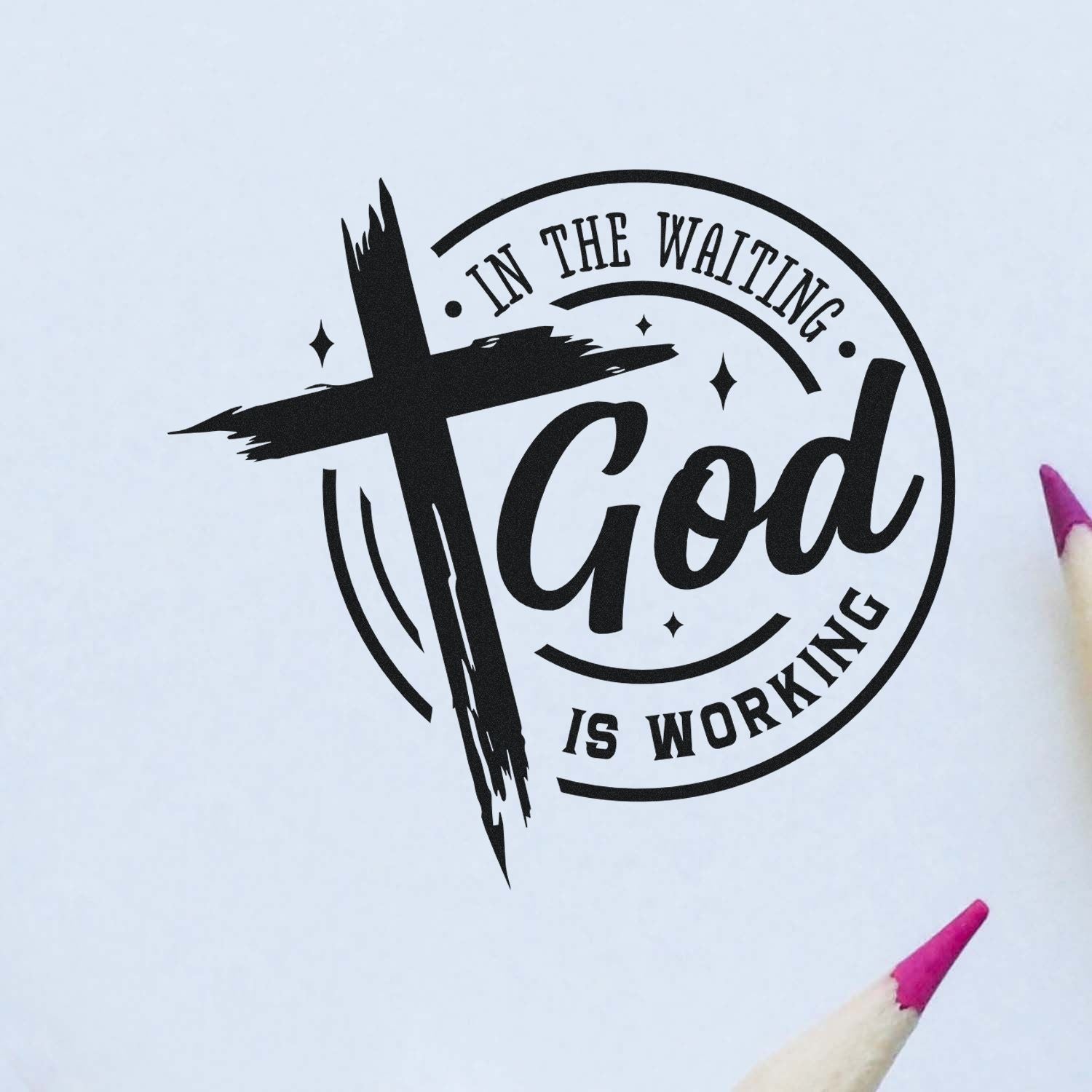 Faith-based rubber stamp design with cross and In the waiting God is working message for Christian crafts.