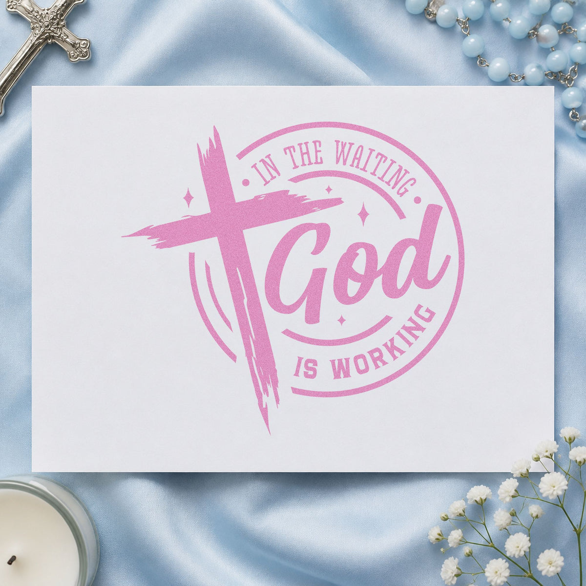 In The Waiting God Works Badge Rubber Stamp – Duo Hand in use 10