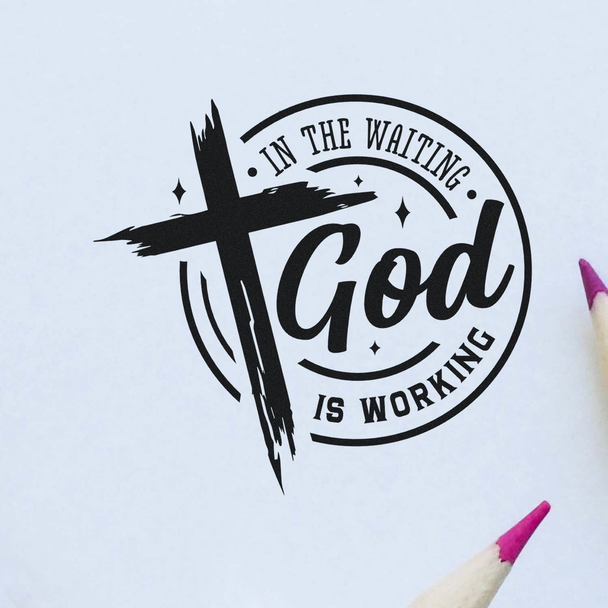 Faith-based rubber stamp design with cross and quote, In the waiting God is working, for Christian crafts and journaling.
