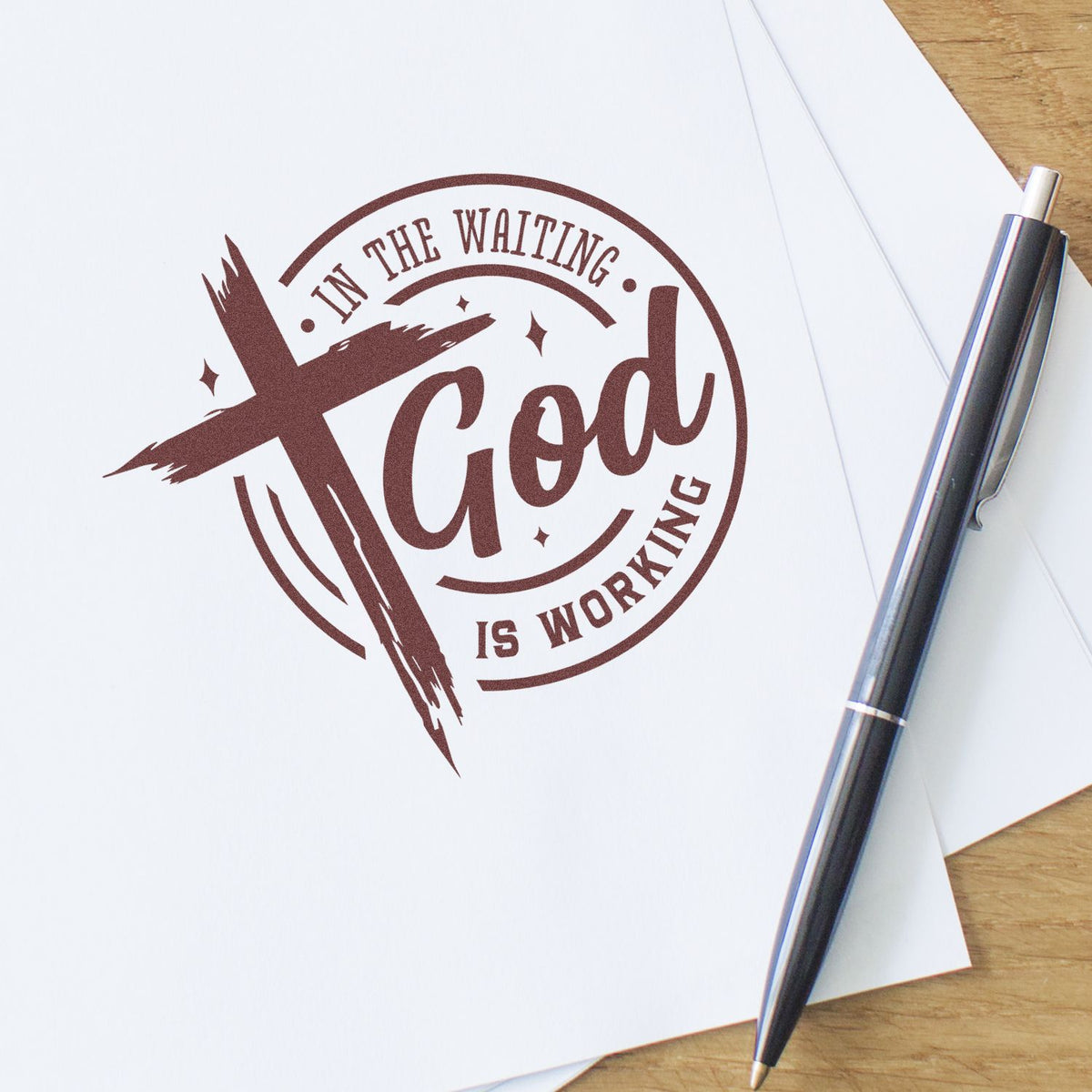 Faith-based custom rubber stamp with In the waiting, good is working design for cards, planners, and stationery.