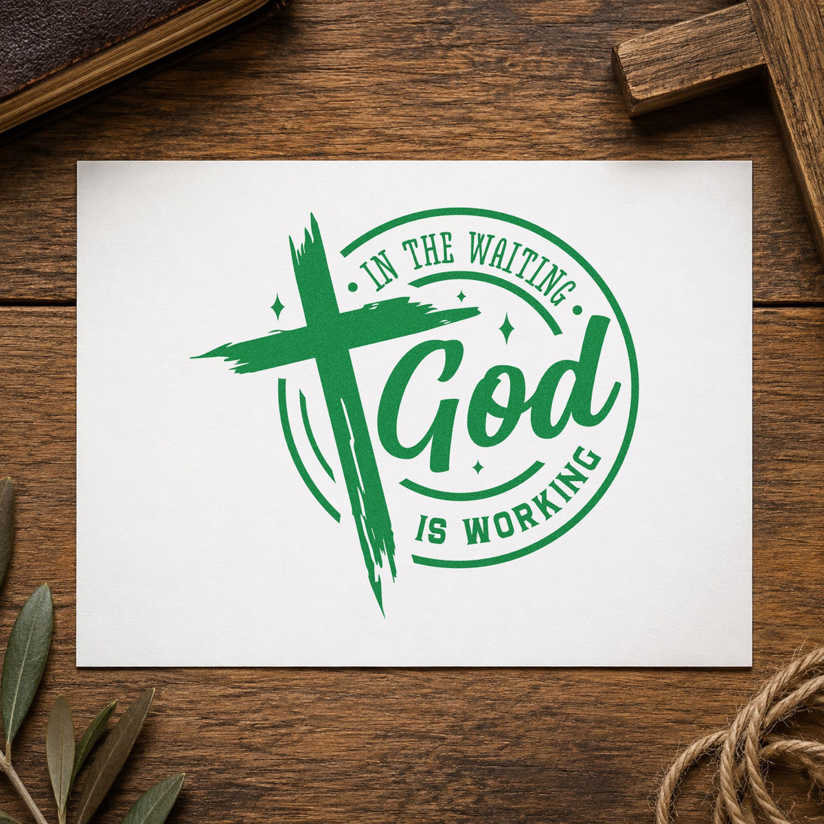 In The Waiting God Works Badge Rubber Stamp – Duo Hand in use 3