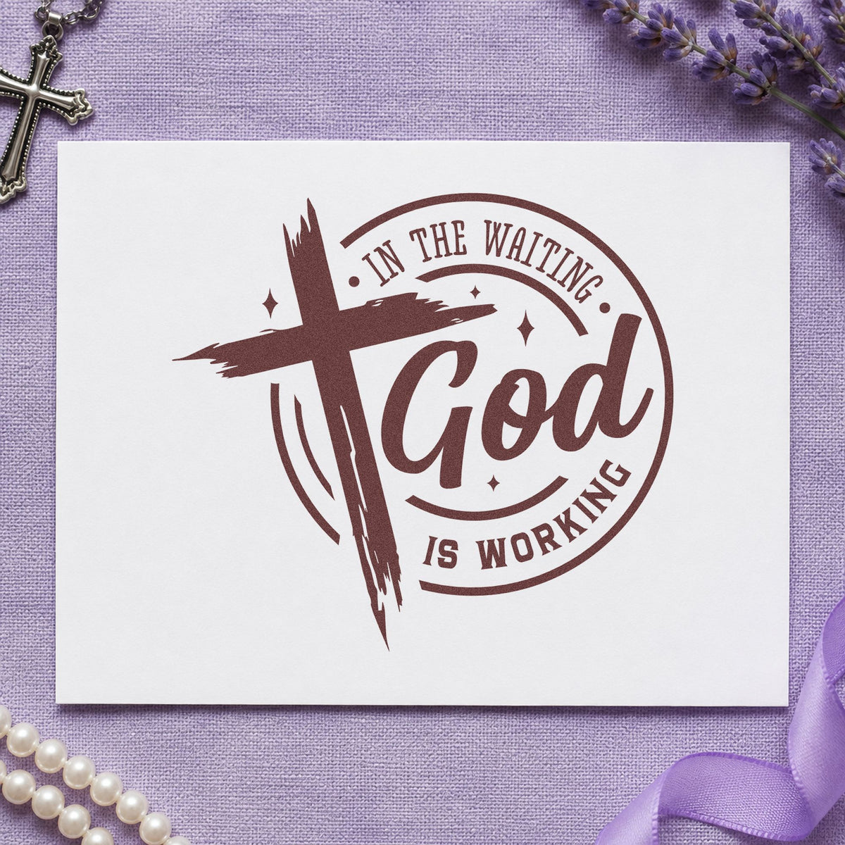 In The Waiting God Works Badge Rubber Stamp – Duo Hand in use 4