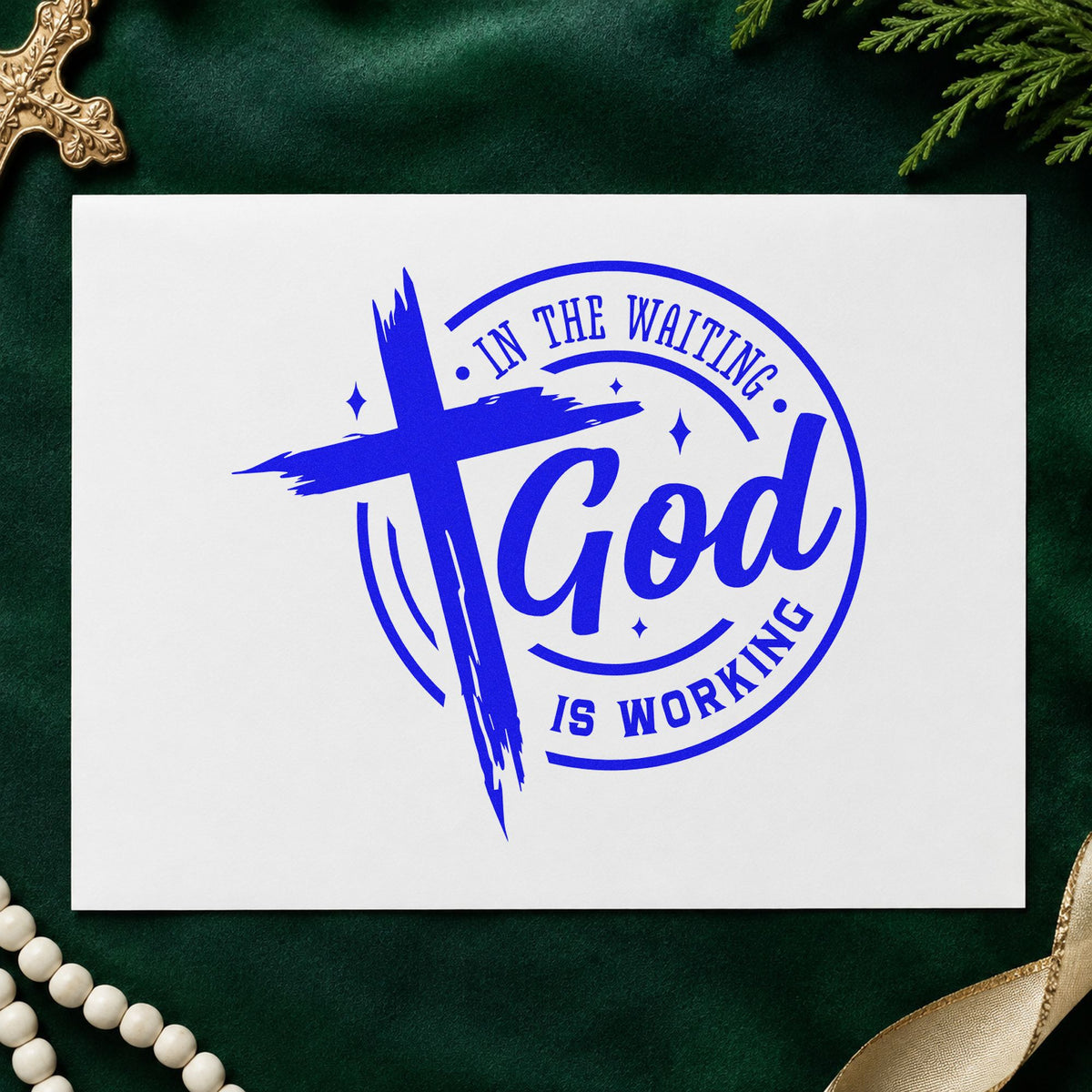 In The Waiting God Works Badge Rubber Stamp – Duo Hand in use 5