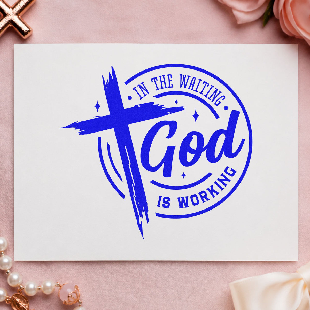 In The Waiting God Works Badge Rubber Stamp – Duo Hand in use 6