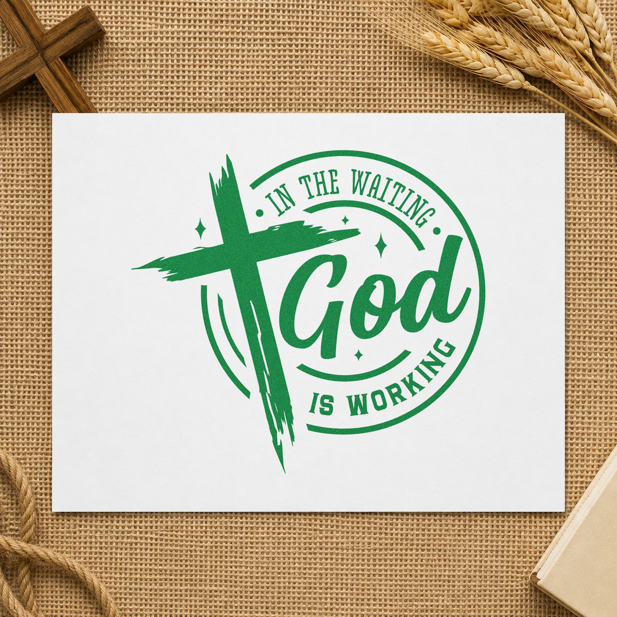 In The Waiting God Works Badge Rubber Stamp – Duo Hand in use 8