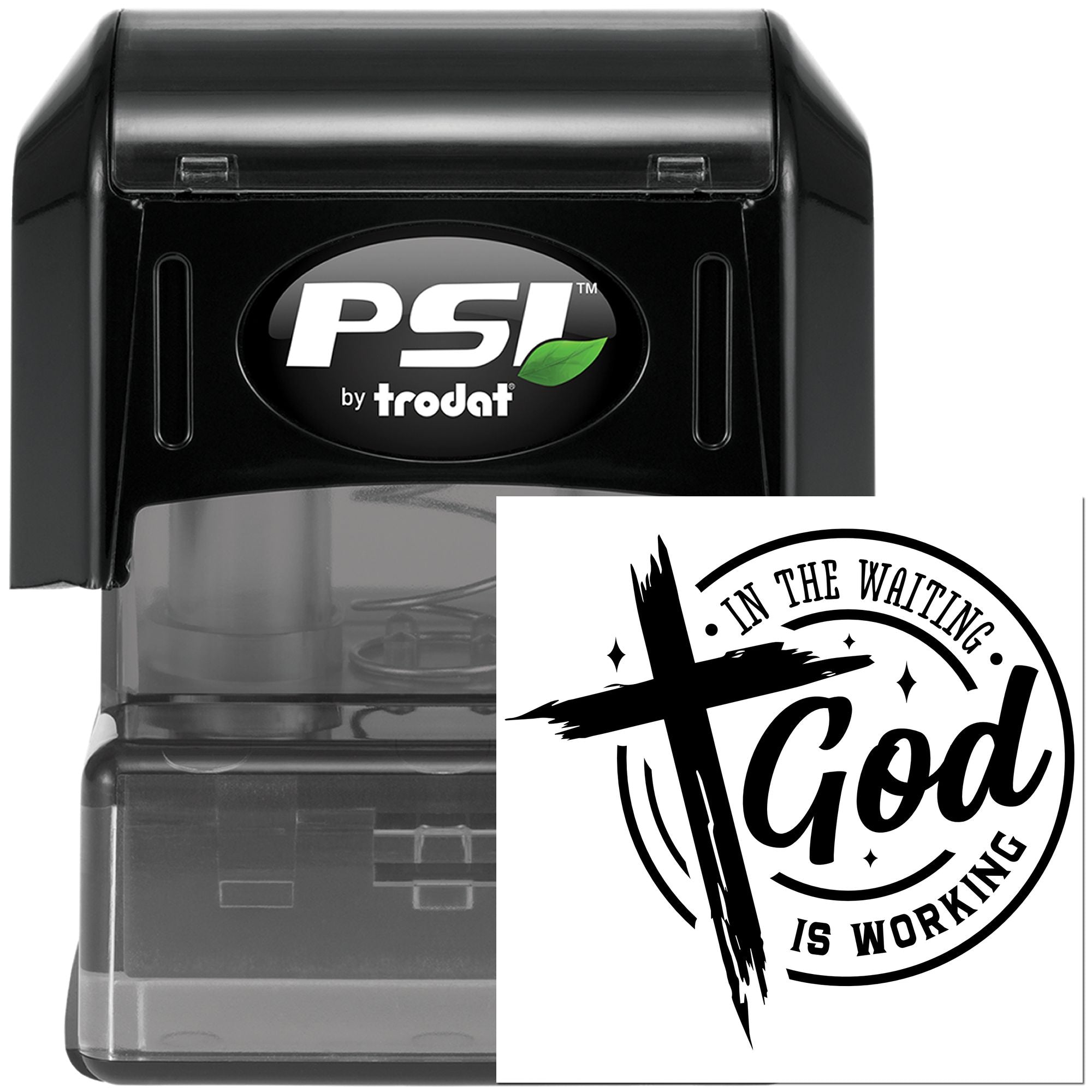 PSI by Trodat self-inking rubber stamp with custom Christian design reading In the Waiting God Is Working.