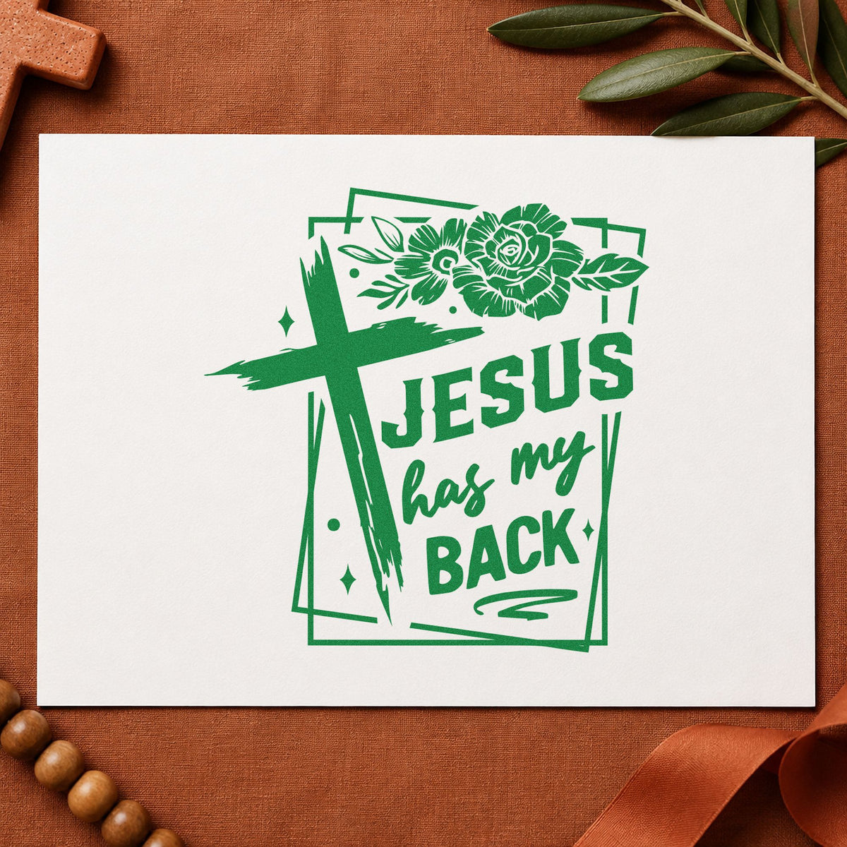 Jesus Has My Back Rose Frame craft stamp imprint in green ink on a handmade project, one idea being gym locker pages.