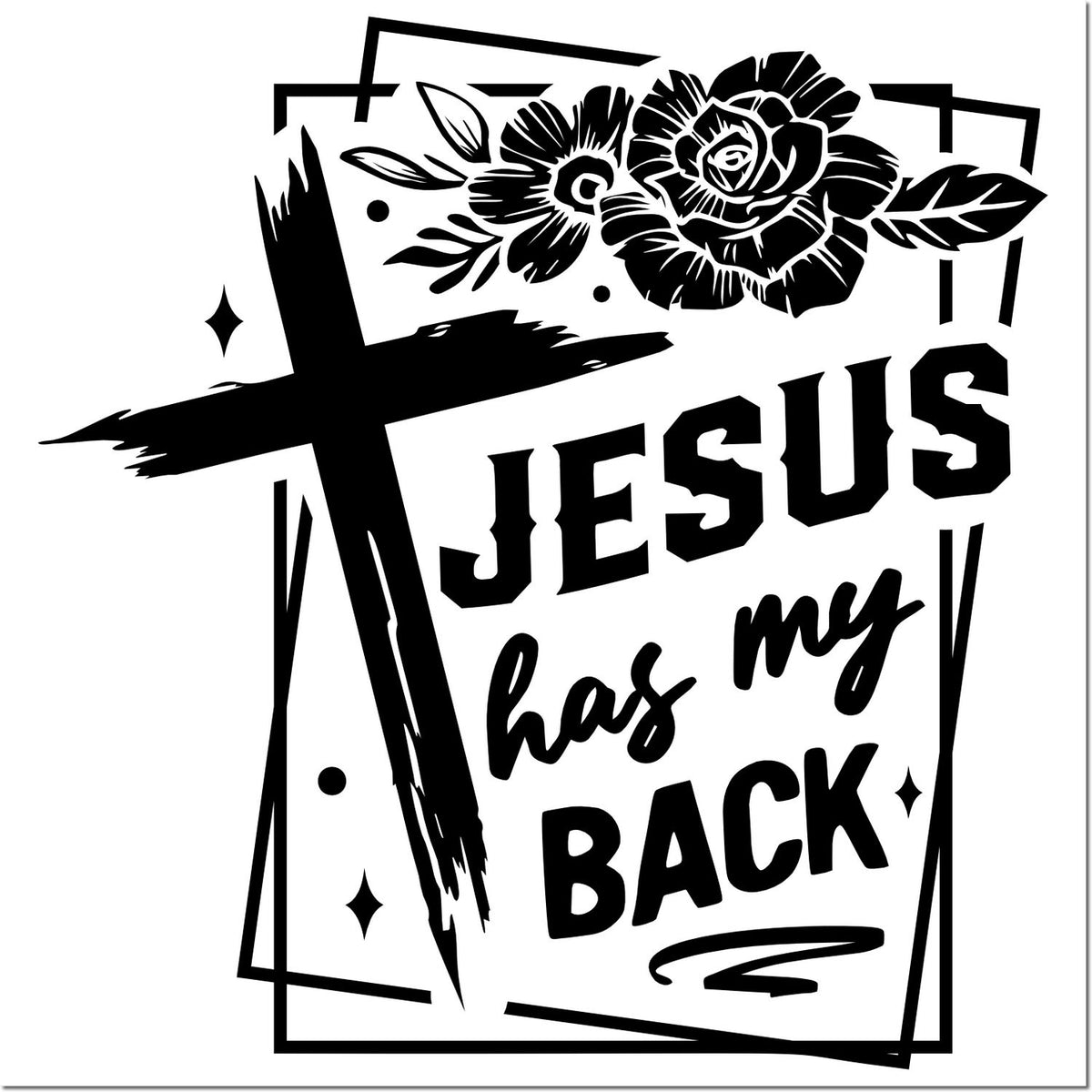 Christian rubber stamp design with cross and floral accents reading Jesus Has My Back for faith-based crafts and cards.