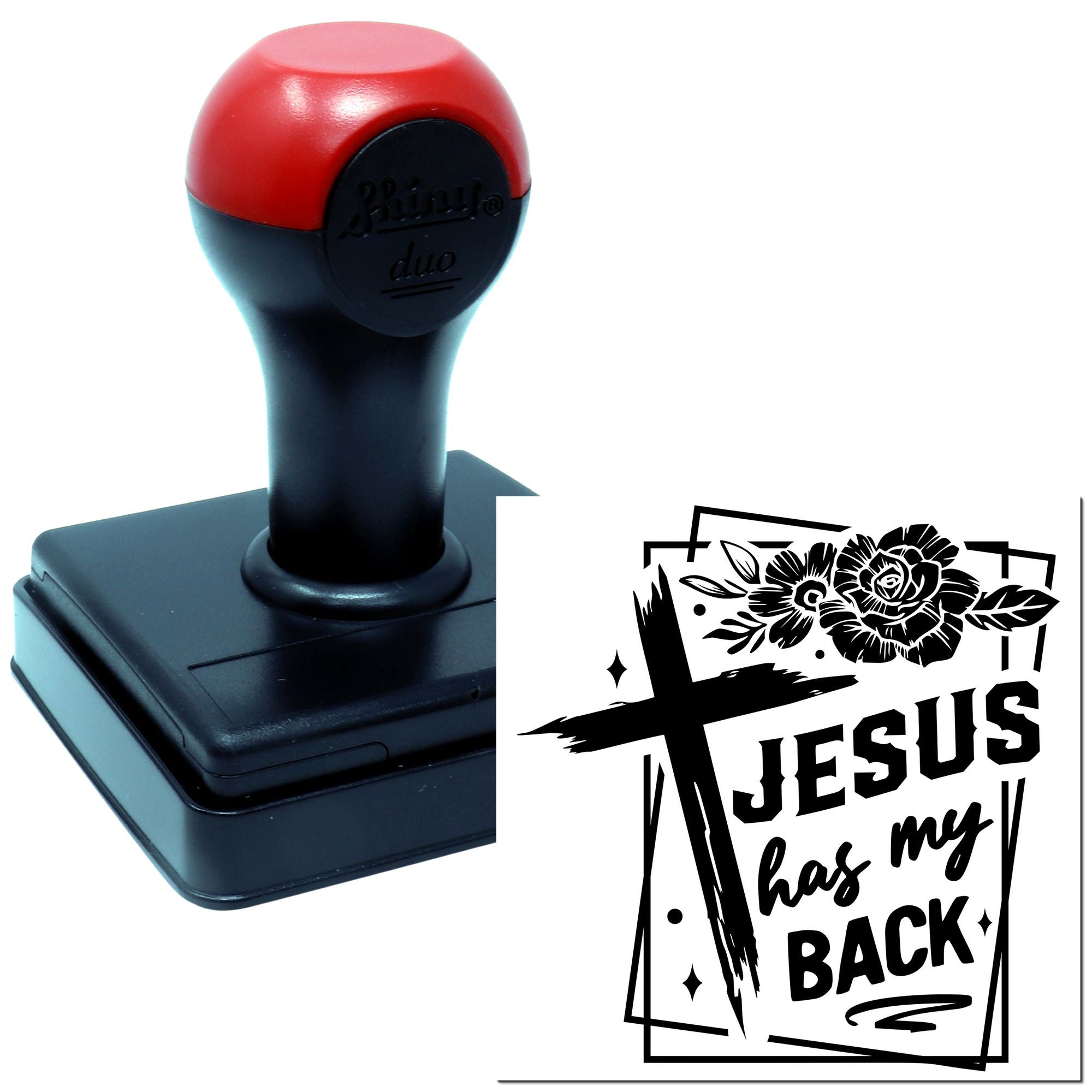 Self-inking rubber stamp with custom Christian Jesus has my back design for faith-based crafts.
