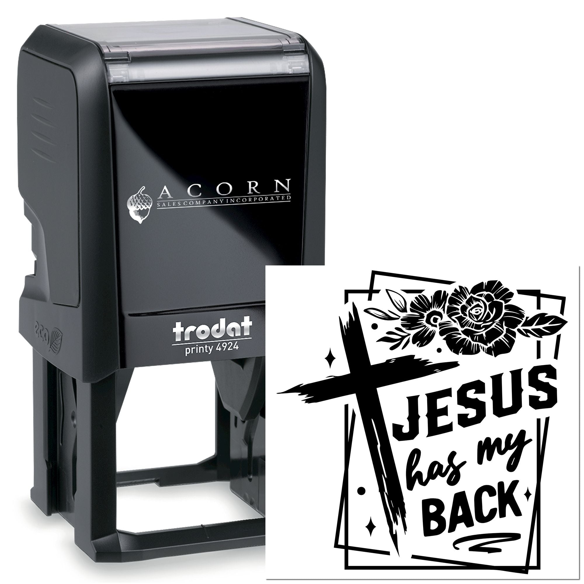 Custom self-inking rubber stamp with Jesus Has My Back design, ideal for faith-based crafts, branding, and paper marking.