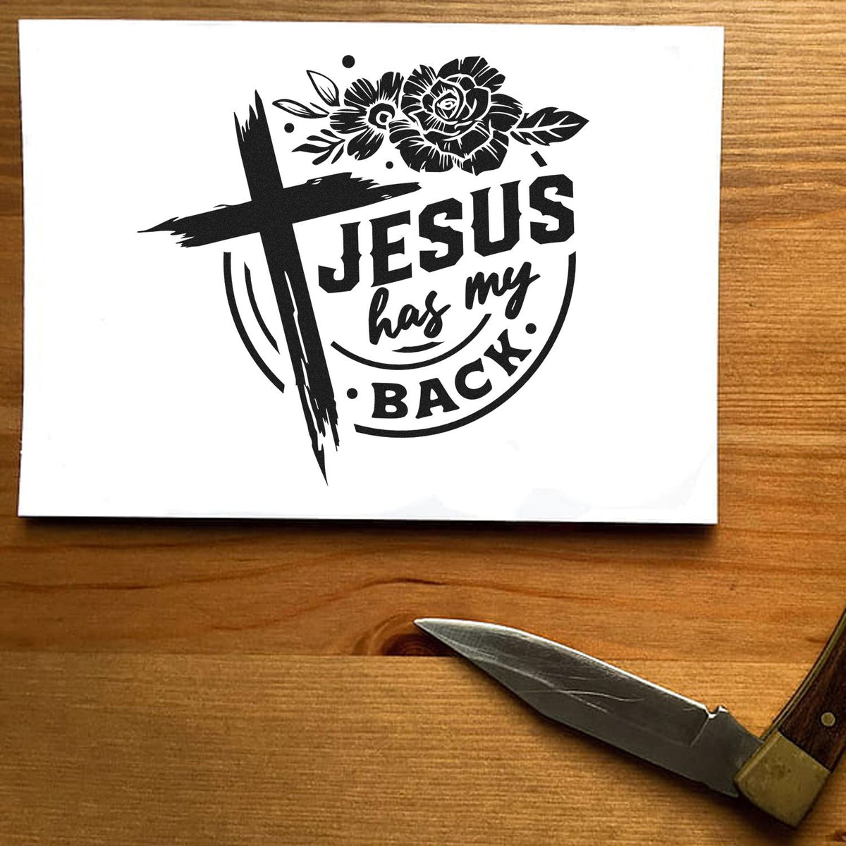 Jesus Has My Back Christian rubber stamp design with cross and floral accents for faith-based crafts, cards, and Bible journaling.