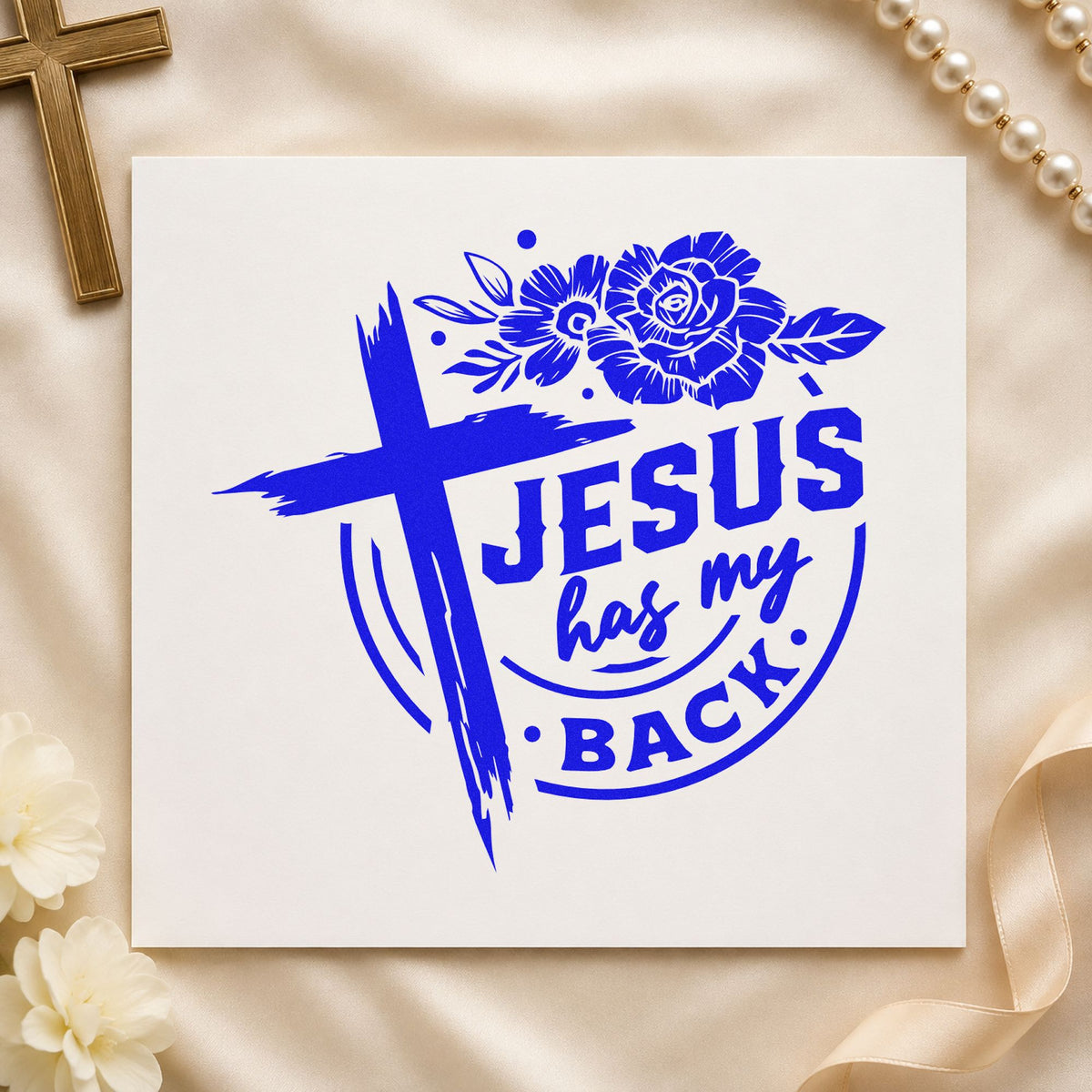 Jesus Has My Back Rose Badge Self-Inking Stamp in use 5