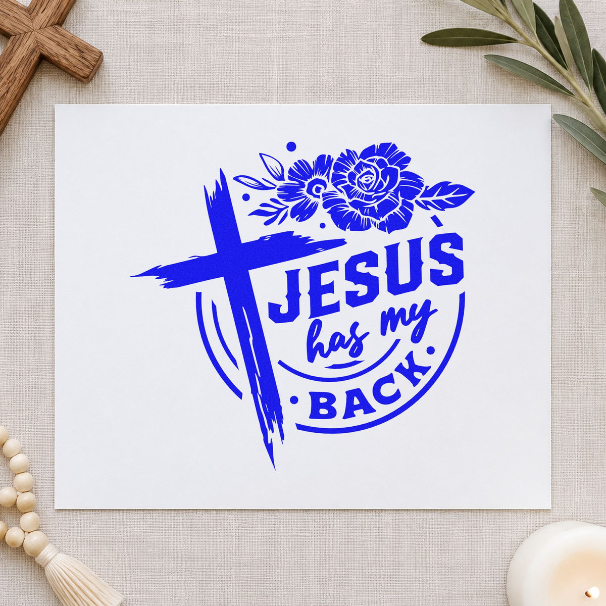 Jesus Has My Back Rose Badge Self-Inking Stamp in use 6