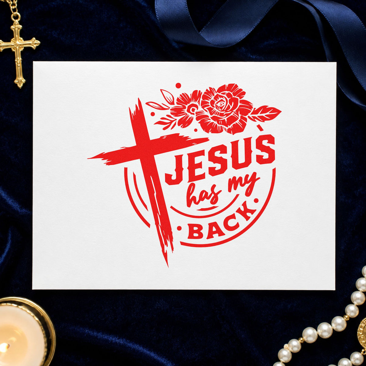 Jesus Has My Back Rose Badge Self-Inking Stamp in use 7