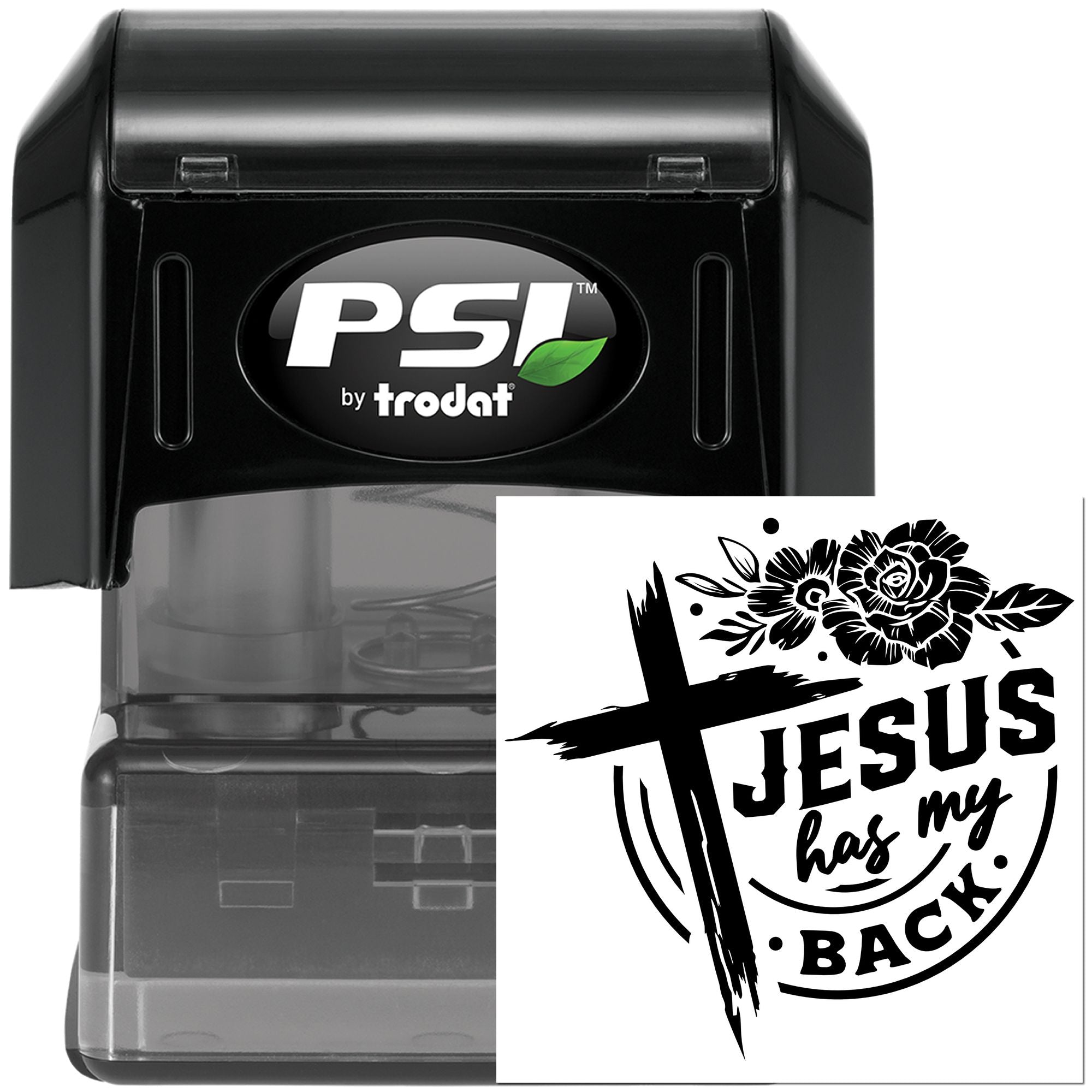 PSI by Trodat self-inking rubber stamp with Christian Jesus has my back design for custom faith-based stamping.